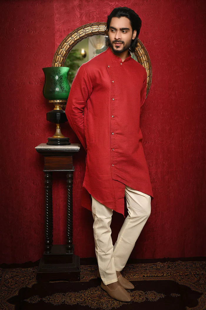 HAMSAFAR Men’s Red Linen Cotton Designer Wear Kurta