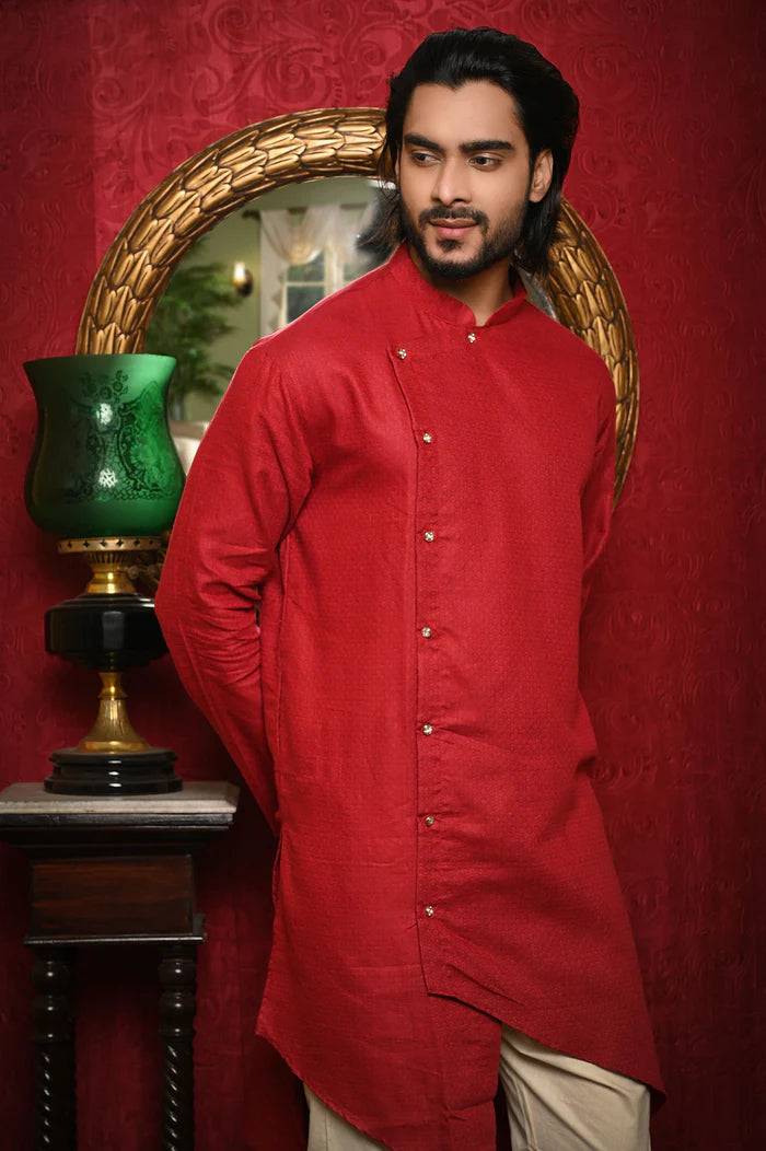 HAMSAFAR Men’s Red Linen Cotton Designer Wear Kurta