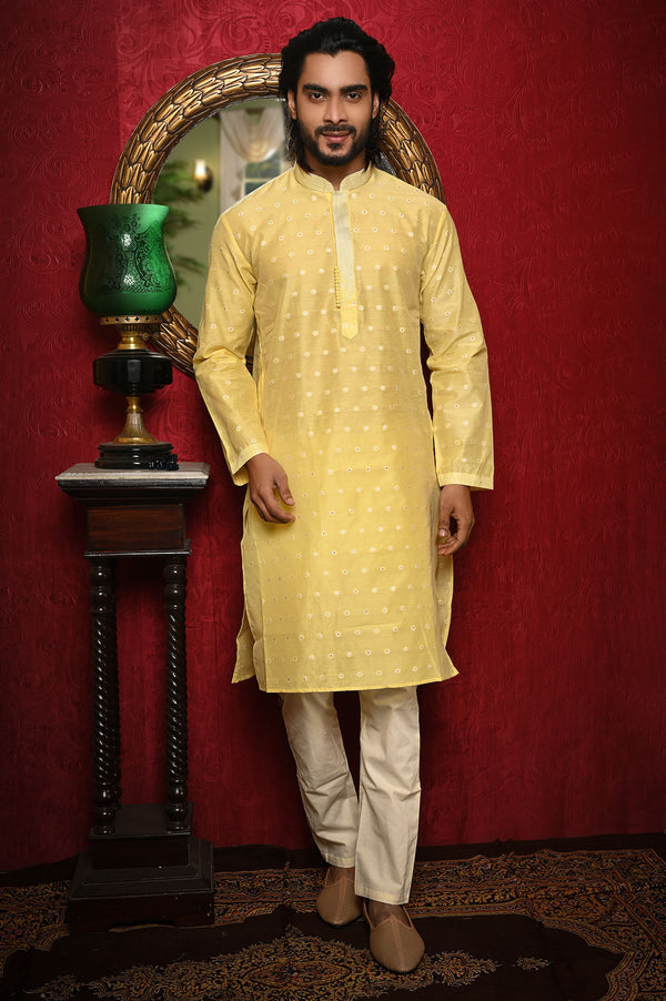 HAMSAFAR Men’s Light Yellow Poly Viscose Festive Wear Kurta