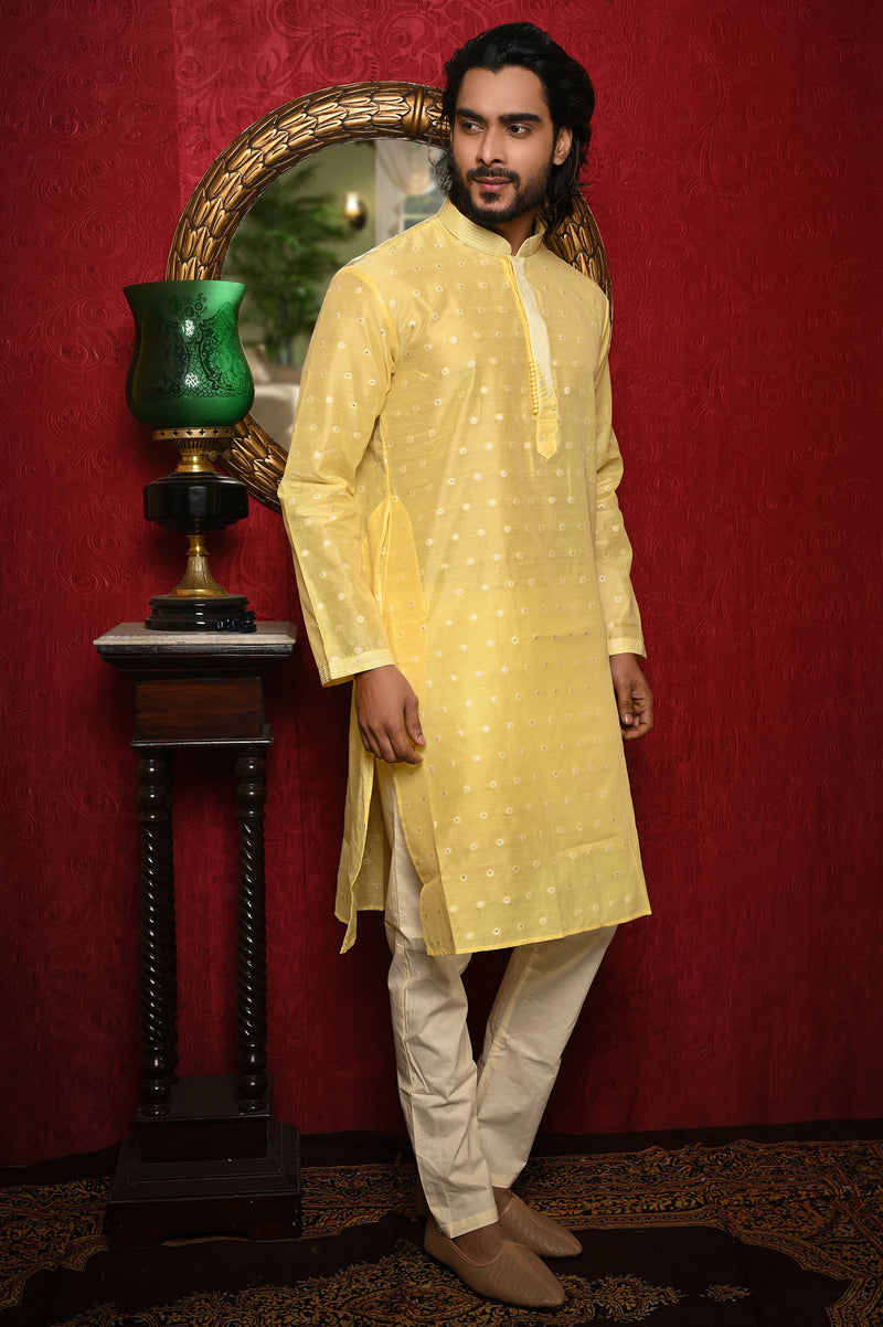 HAMSAFAR Men’s Light Yellow Poly Viscose Festive Wear Kurta