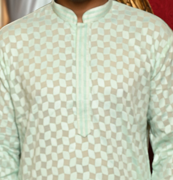 HAMSAFAR Men’s Sea Green Check Cotton Premium Kurta