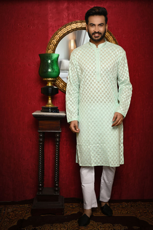 HAMSAFAR Men’s Sea Green Check Cotton Premium Kurta