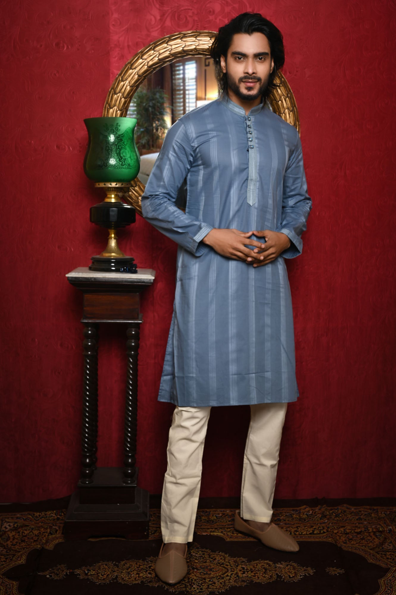 HAMSAFAR Men’s Greyish Blue Cotton Luxury Kurta
