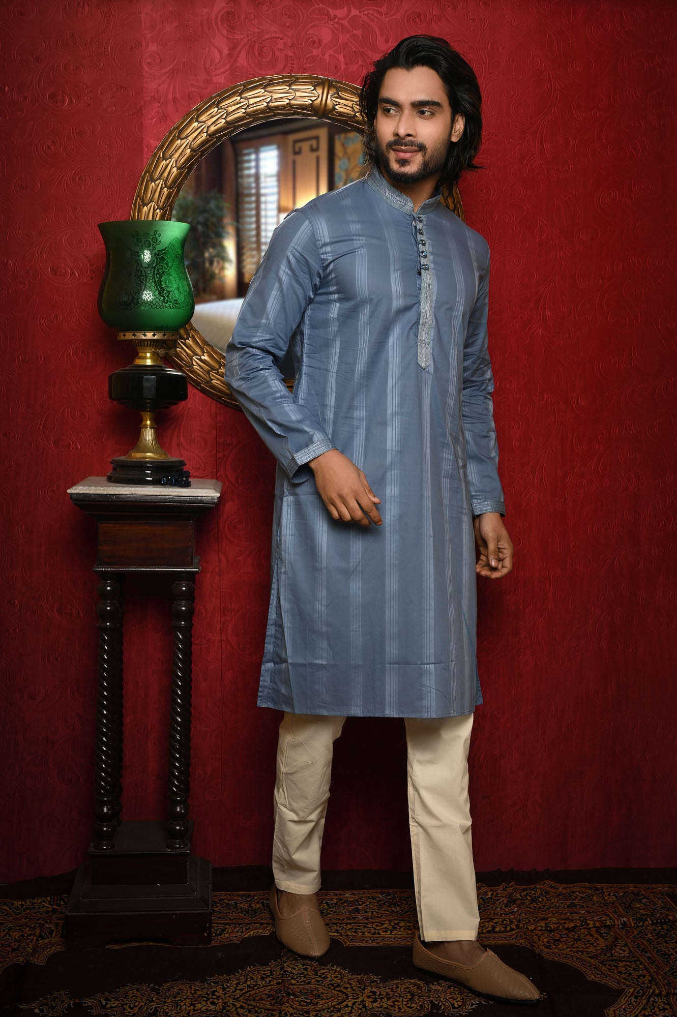 HAMSAFAR Men’s Greyish Blue Cotton Luxury Kurta