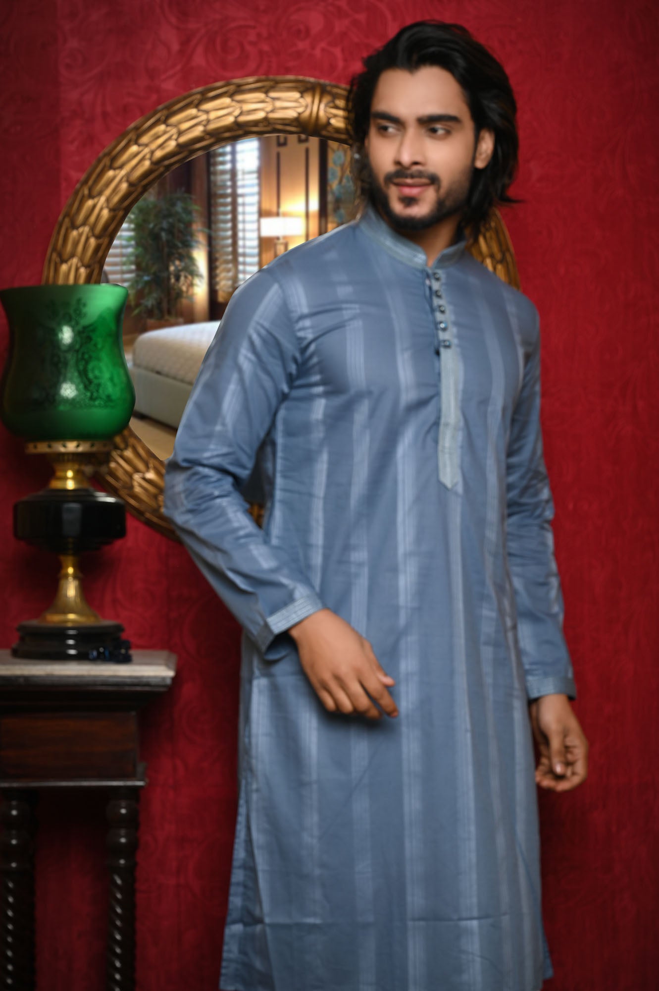 HAMSAFAR Men’s Greyish Blue Cotton Luxury Kurta