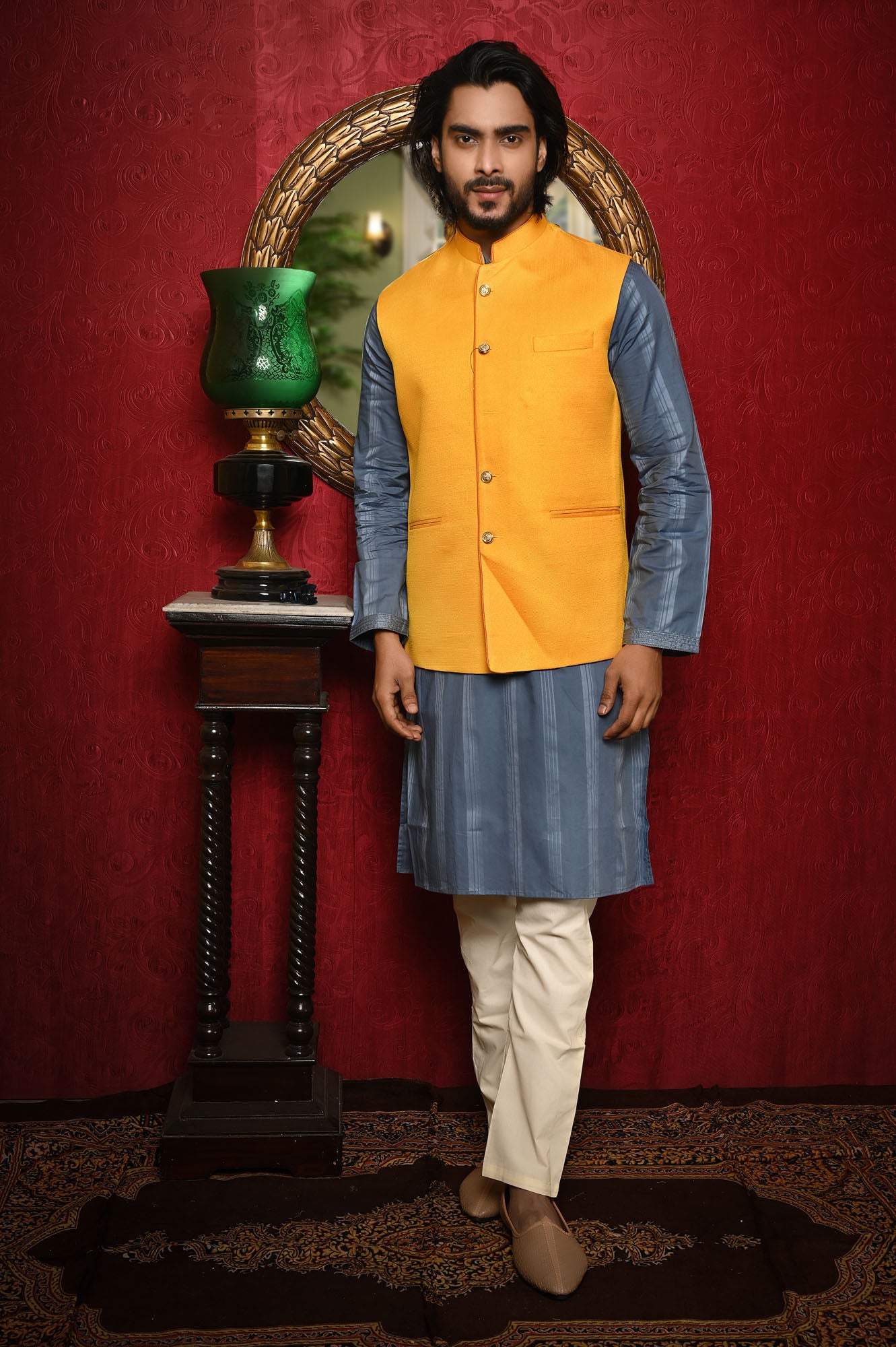 HAMSAFAR Men’s Yellow Jute Look Nehru Jacket