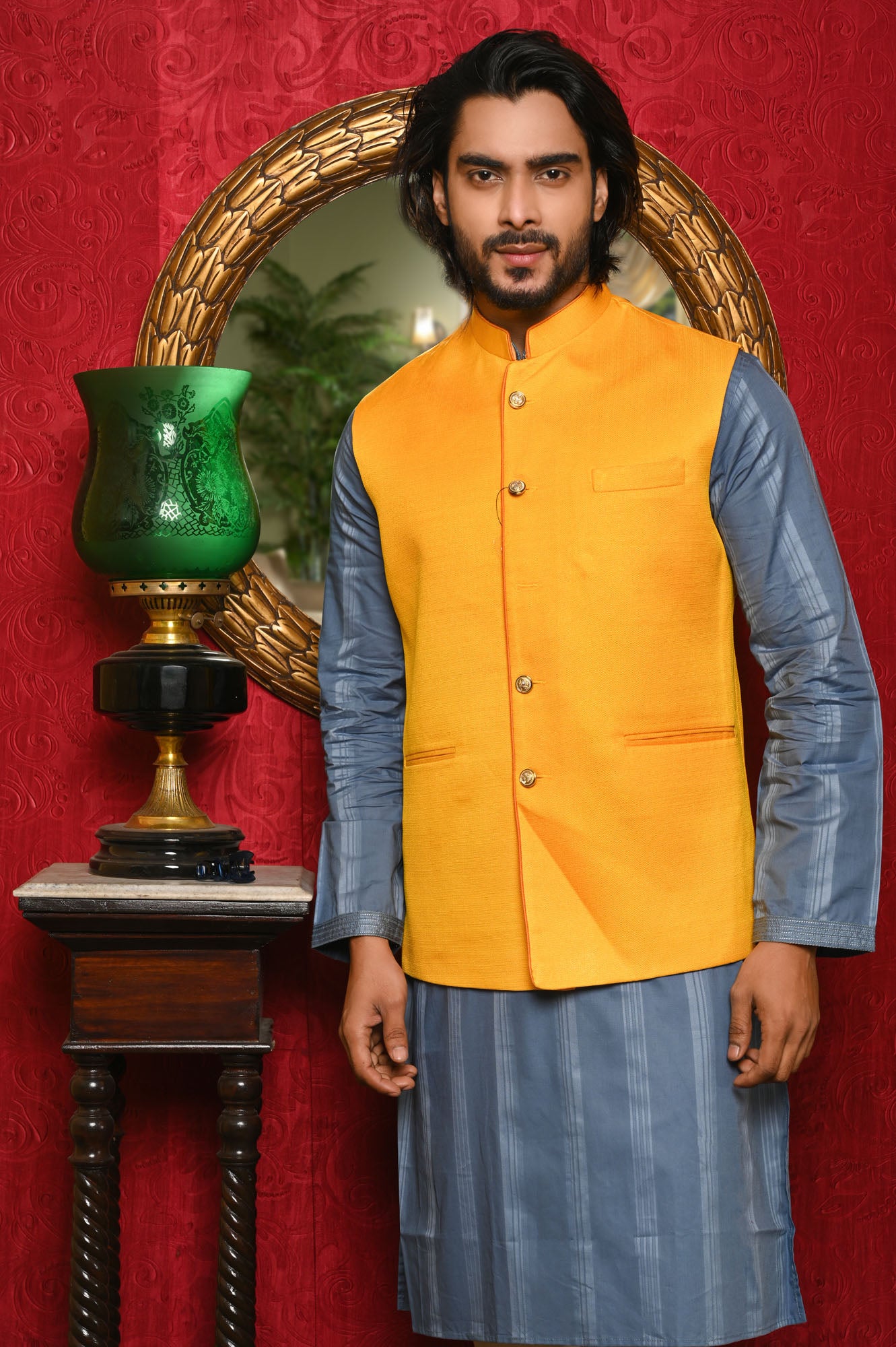 HAMSAFAR Men’s Yellow Jute Look Nehru Jacket