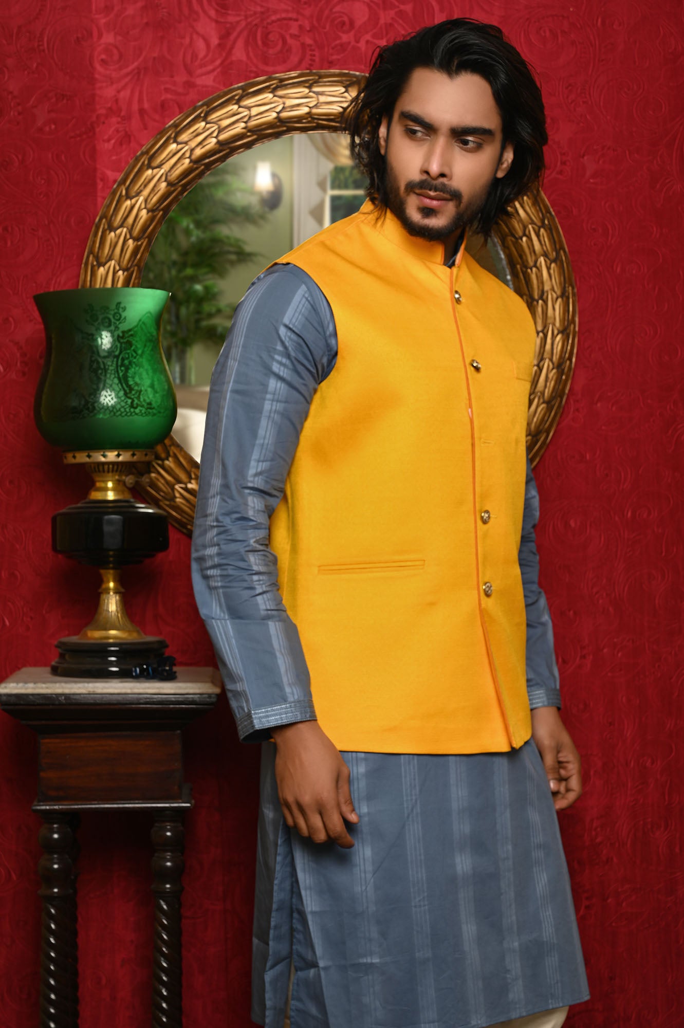 HAMSAFAR Men’s Yellow Jute Look Nehru Jacket