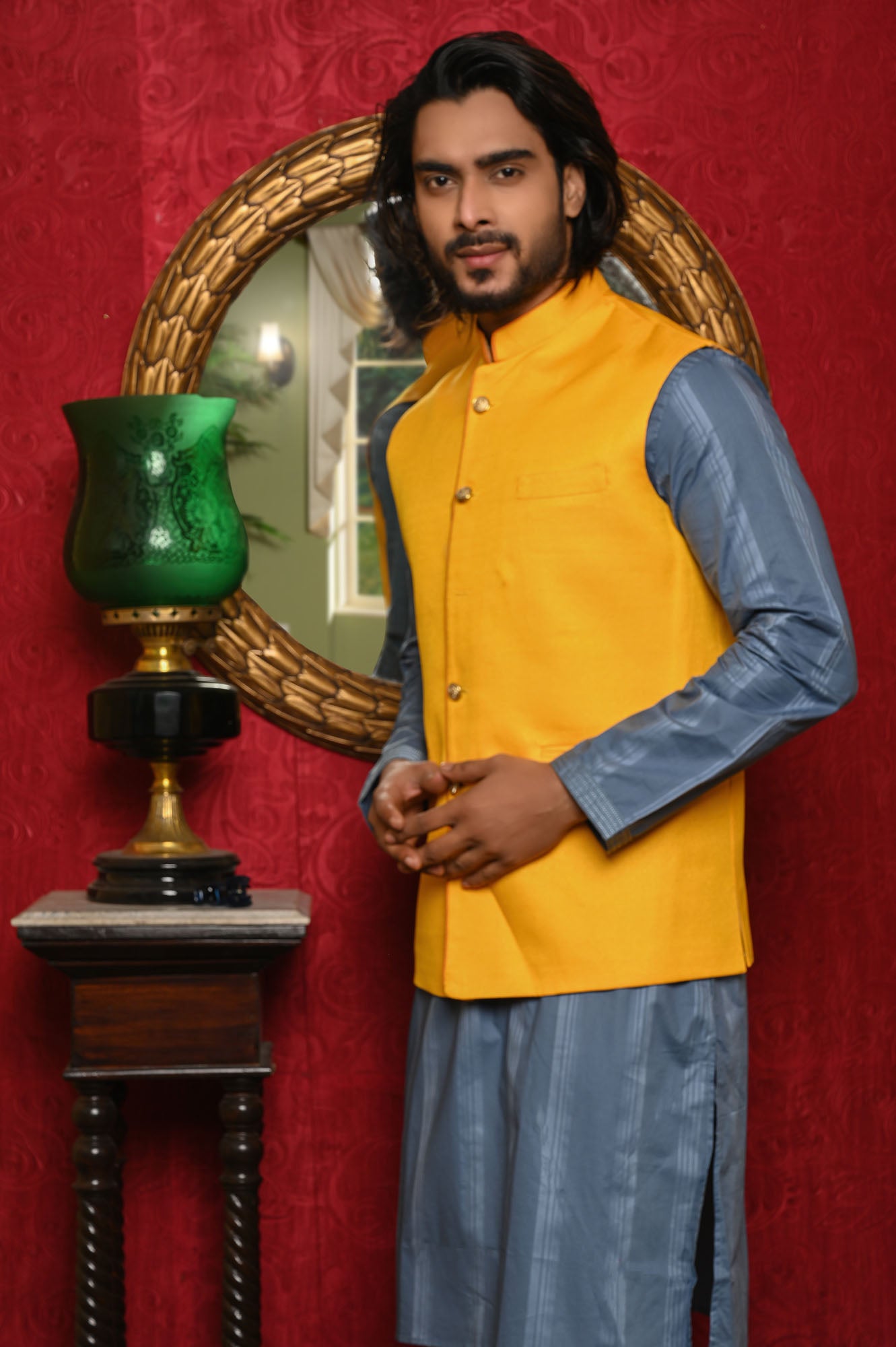 HAMSAFAR Men’s Yellow Jute Look Nehru Jacket