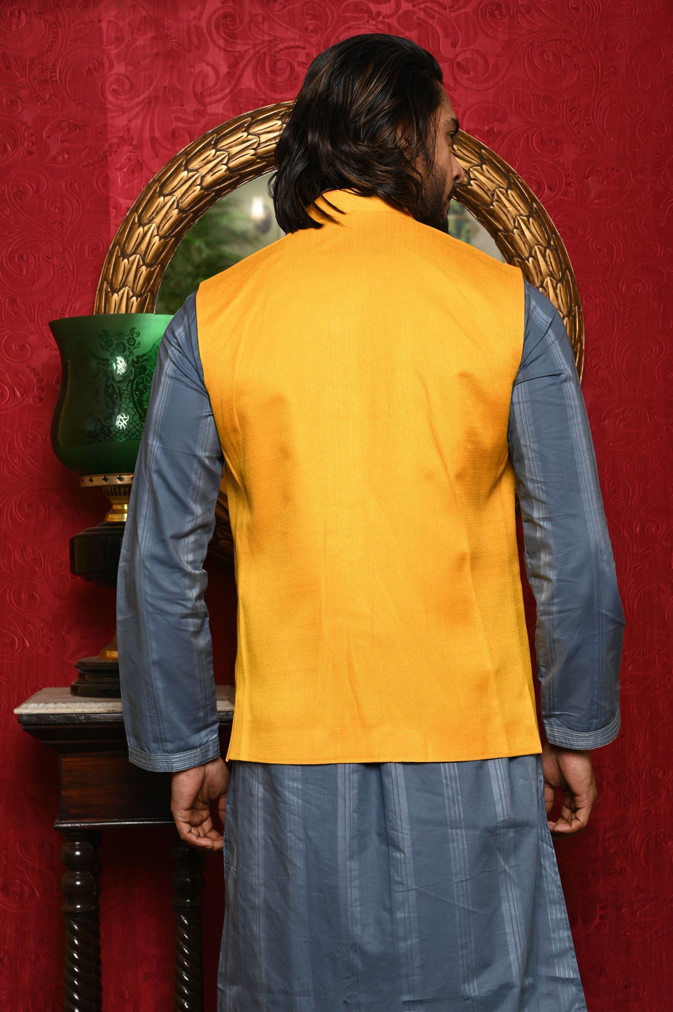 HAMSAFAR Men’s Yellow Jute Look Nehru Jacket