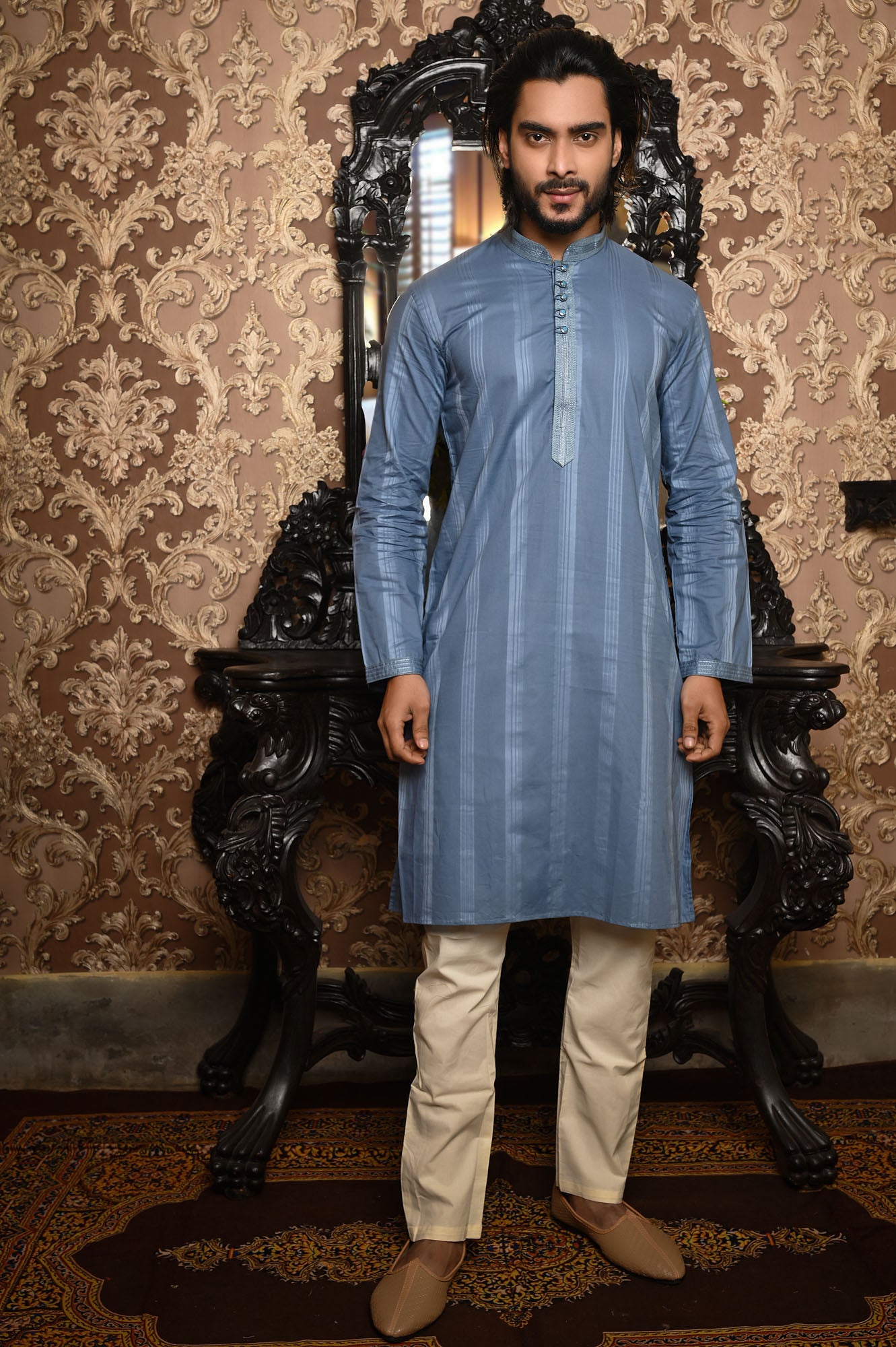 HAMSAFAR Men’s Greyish Blue Cotton Luxury Kurta