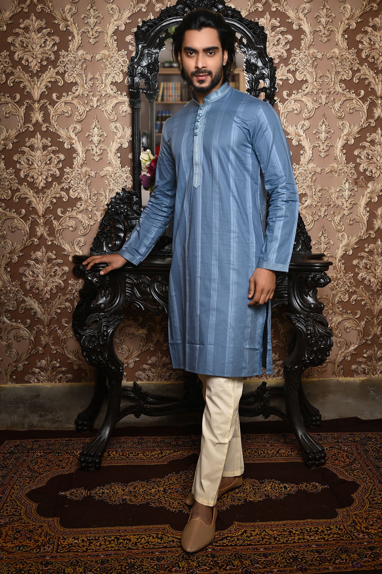 HAMSAFAR Men’s Greyish Blue Cotton Luxury Kurta