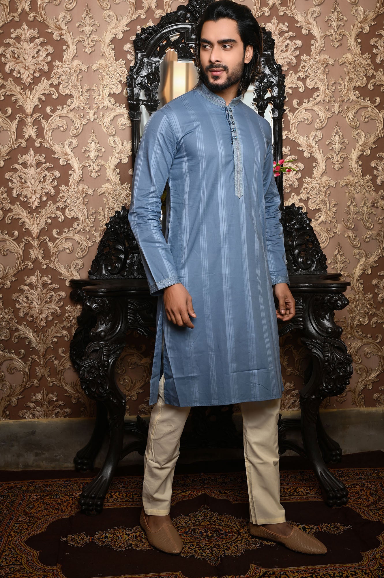 HAMSAFAR Men’s Greyish Blue Cotton Luxury Kurta