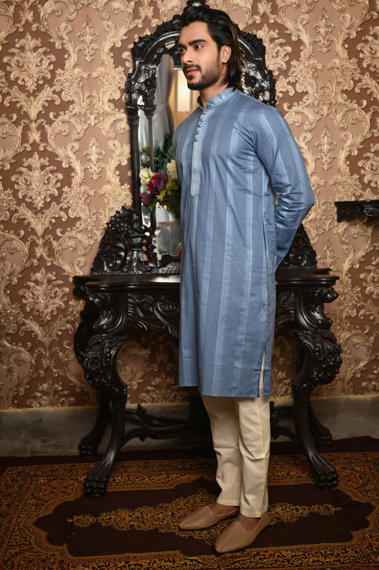 HAMSAFAR Men’s Greyish Blue Cotton Luxury Kurta