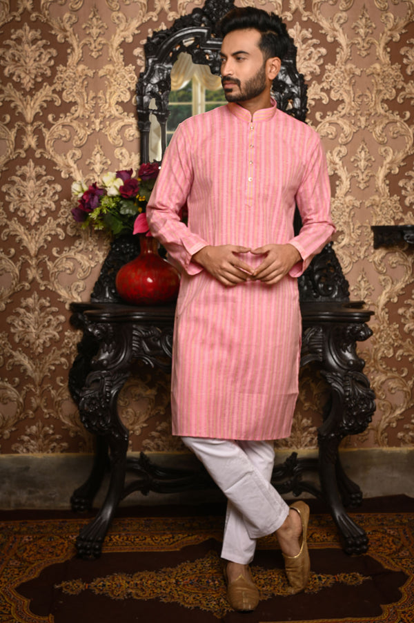 HAMSAFAR Men’s Pink Linen Look Cotton Kurta