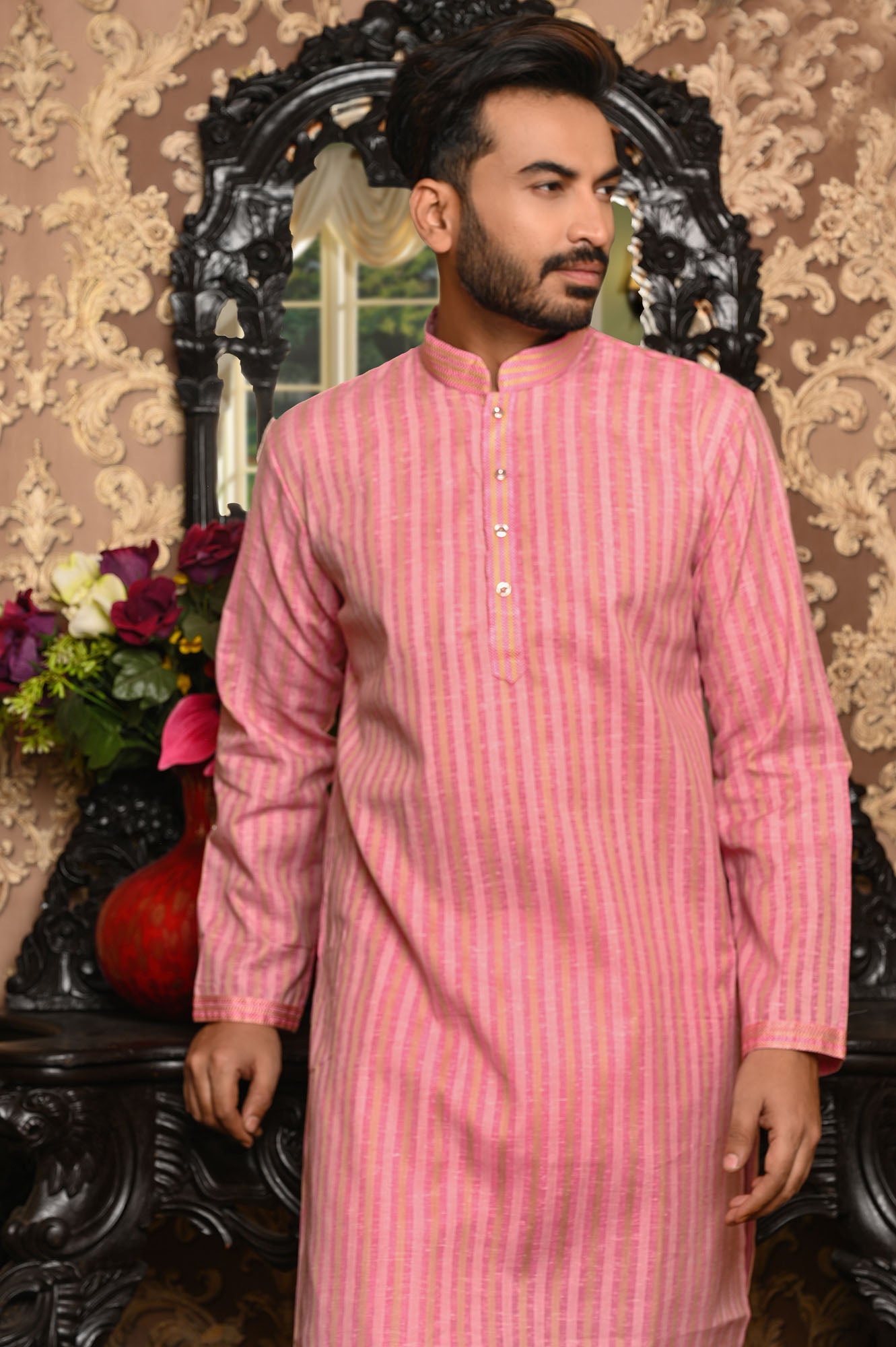 HAMSAFAR Men’s Pink Linen Look Cotton Kurta