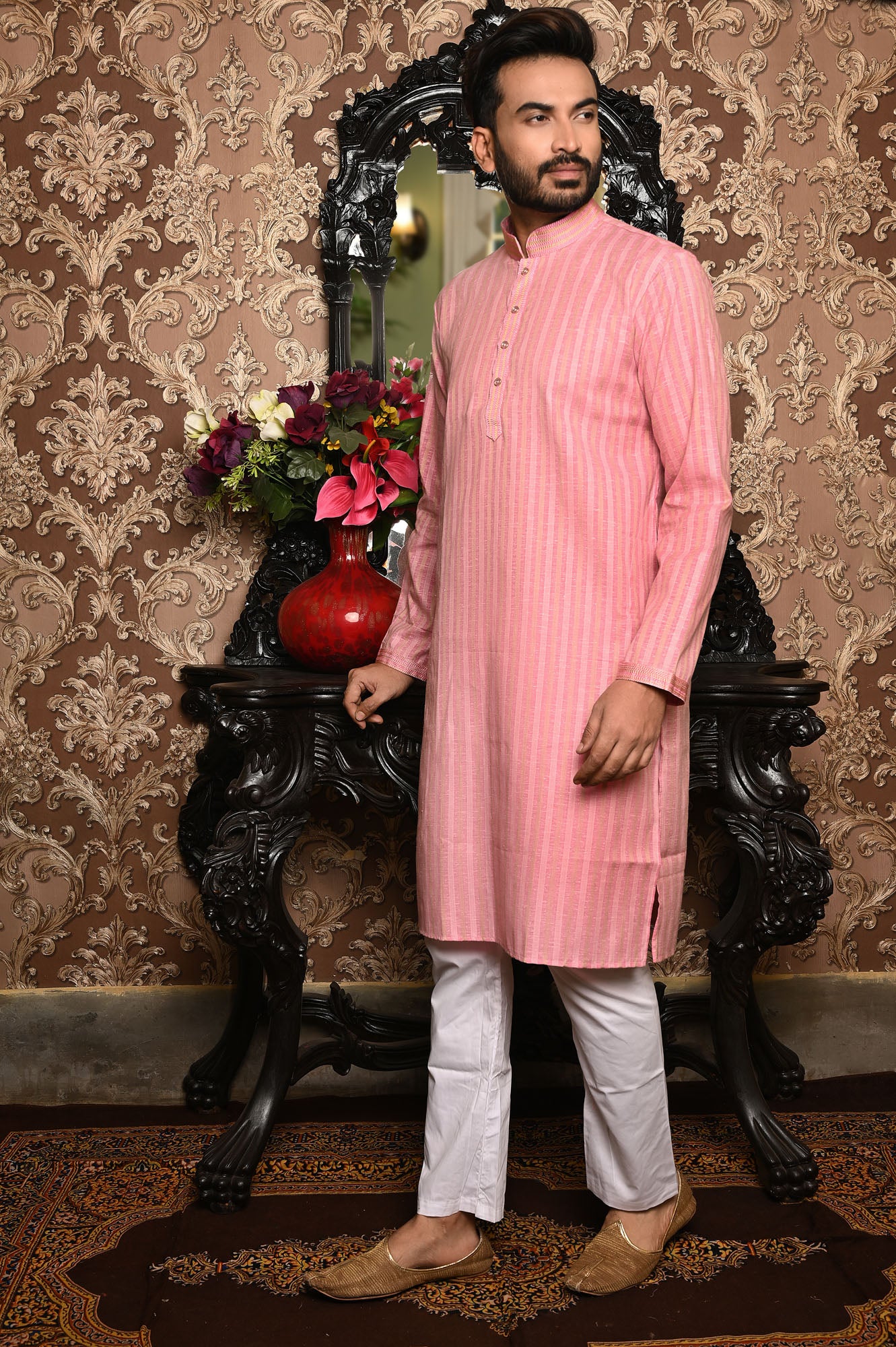 HAMSAFAR Men’s Pink Linen Look Cotton Kurta