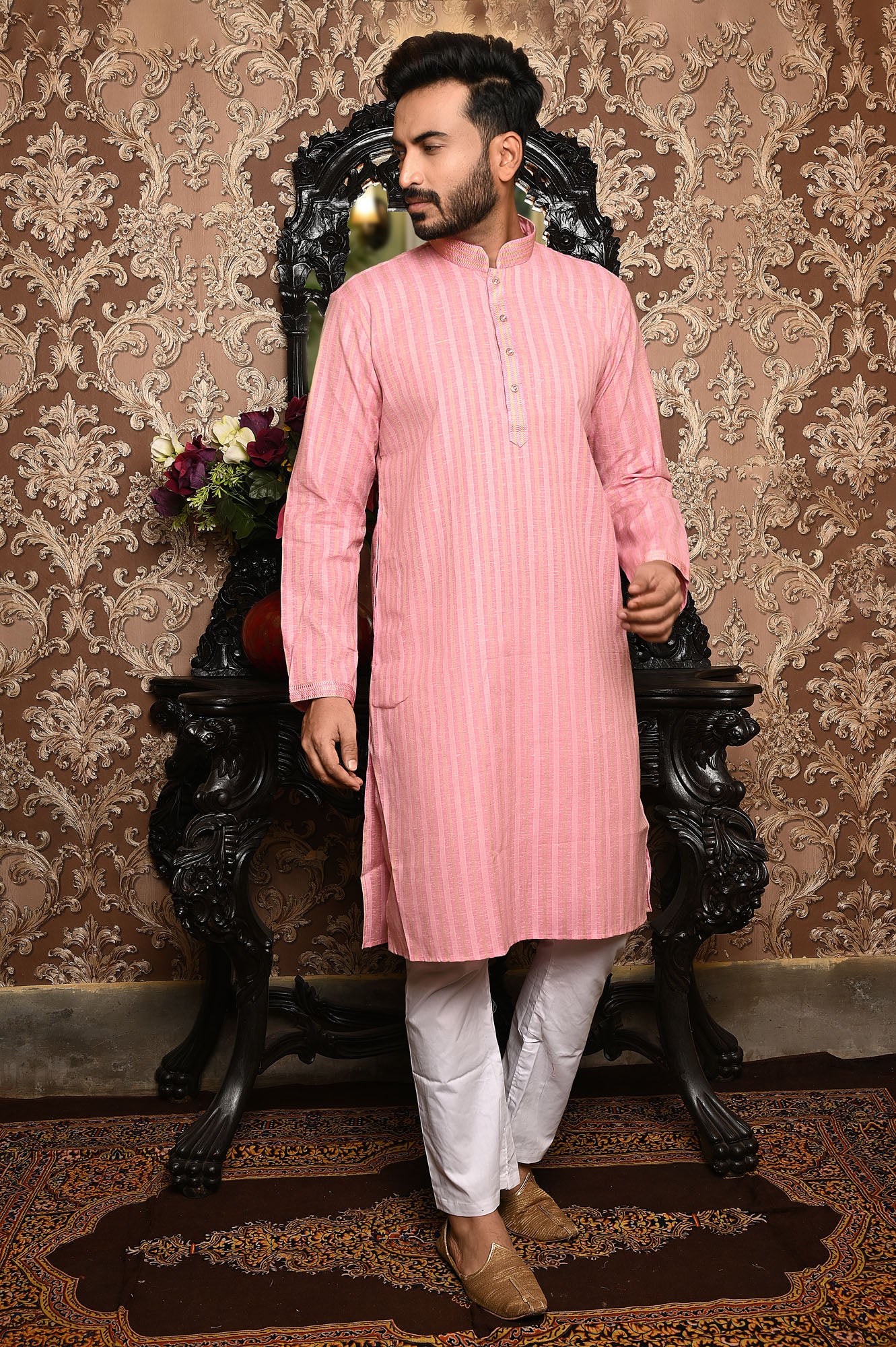 HAMSAFAR Men’s Pink Linen Look Cotton Kurta