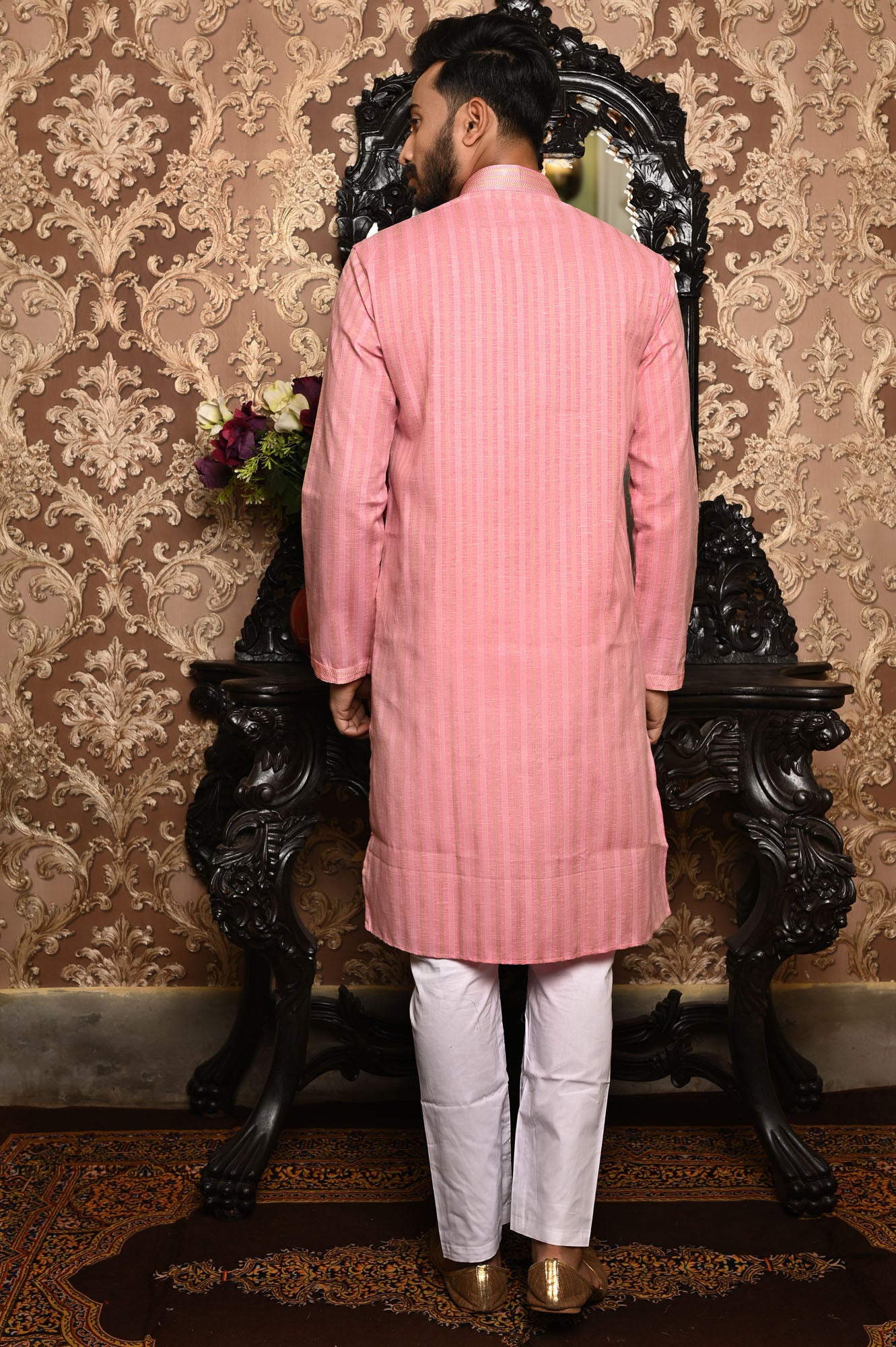 HAMSAFAR Men’s Pink Linen Look Cotton Kurta
