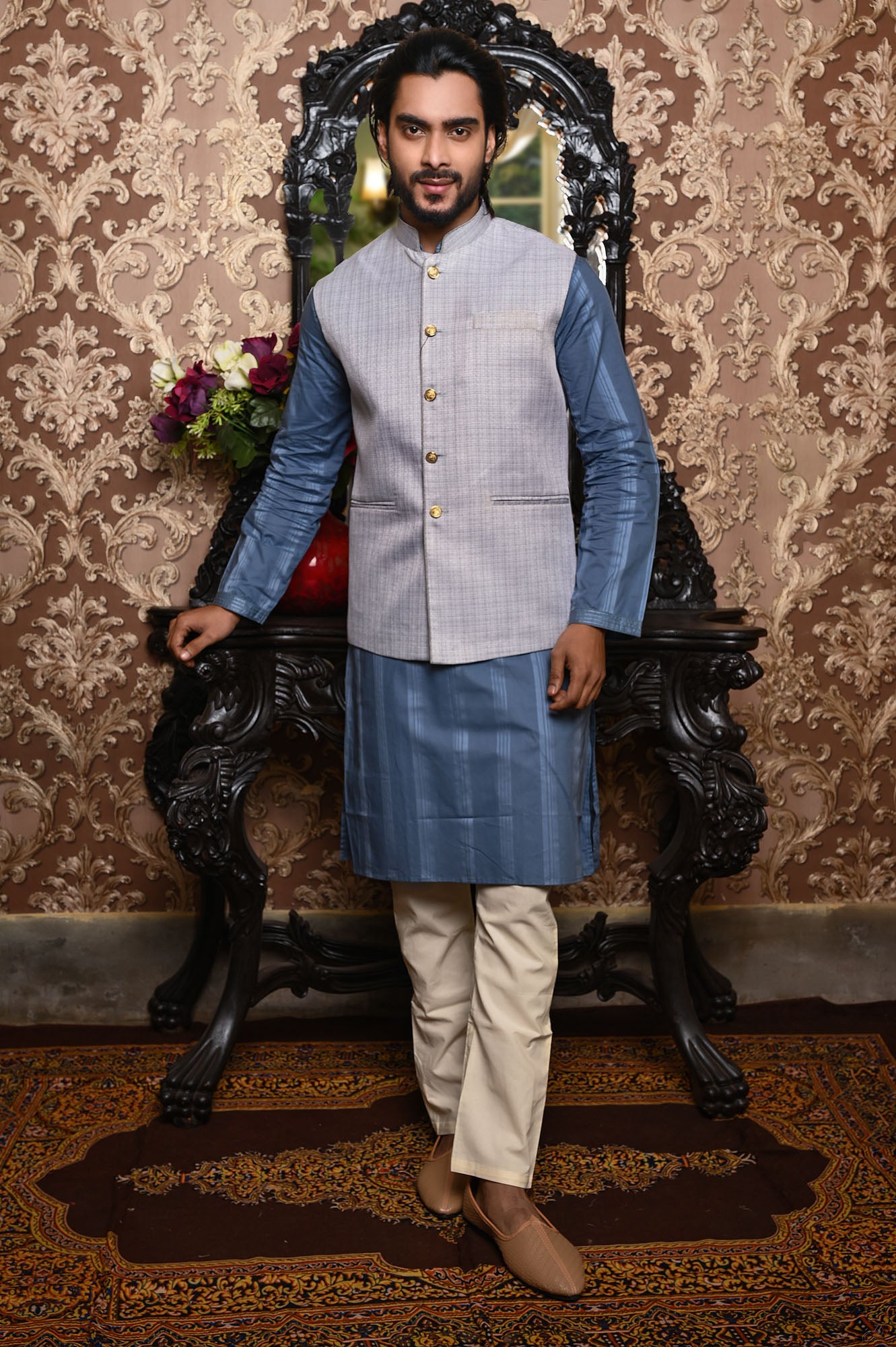 HAMSAFAR Men’s Light Grey Jute Look Nehru Jacket