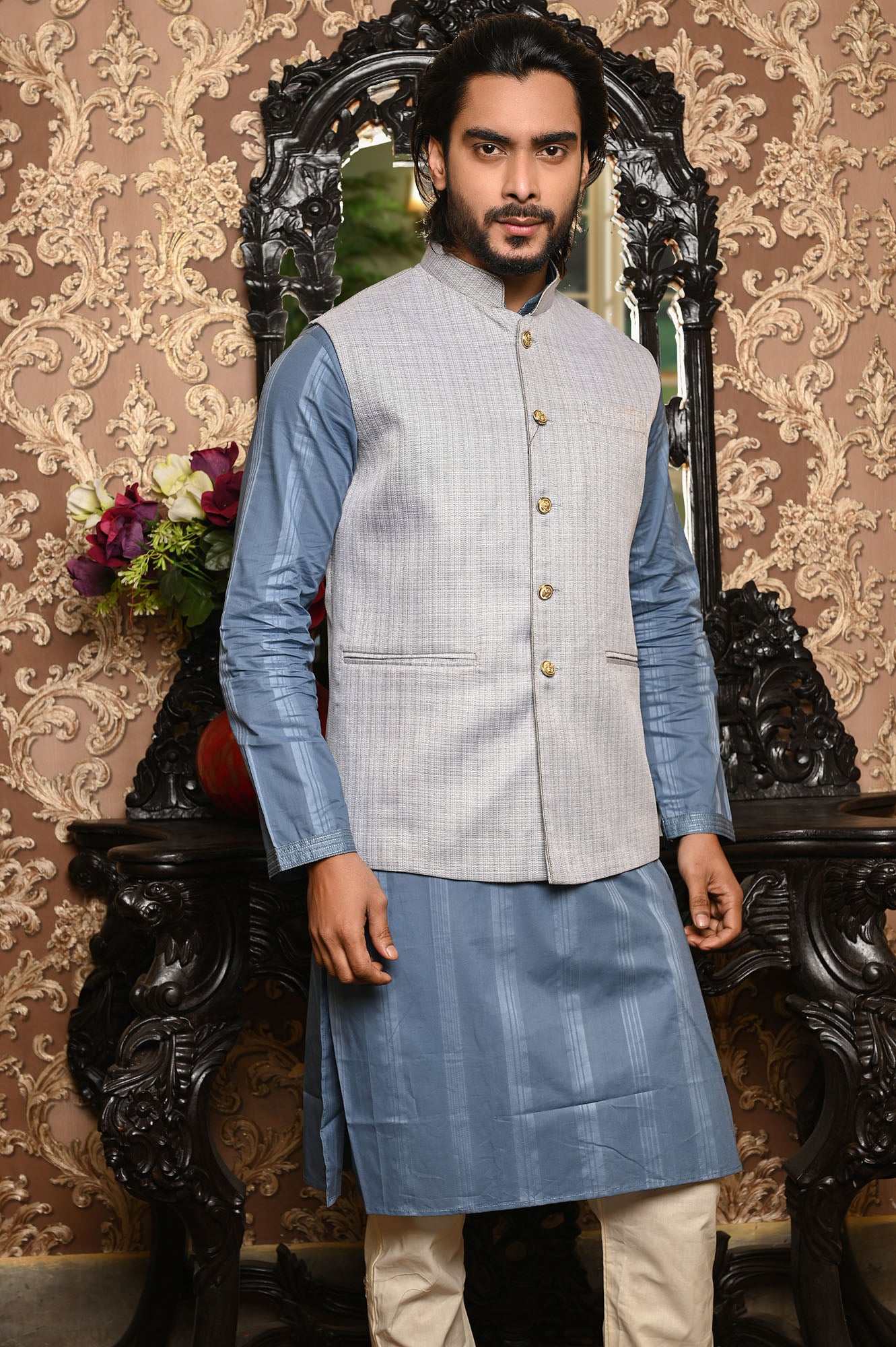 HAMSAFAR Men’s Light Grey Jute Look Nehru Jacket