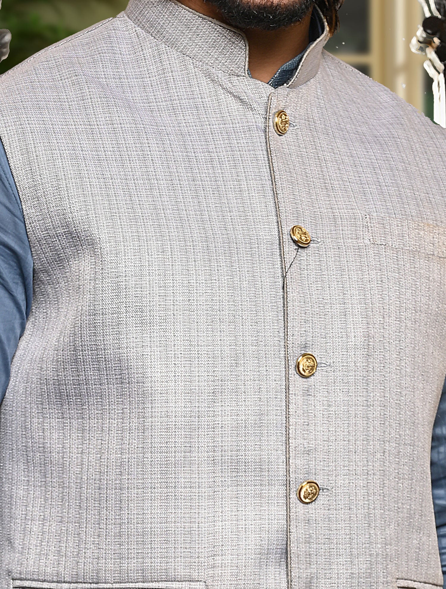 HAMSAFAR Men’s Light Grey Jute Look Nehru Jacket