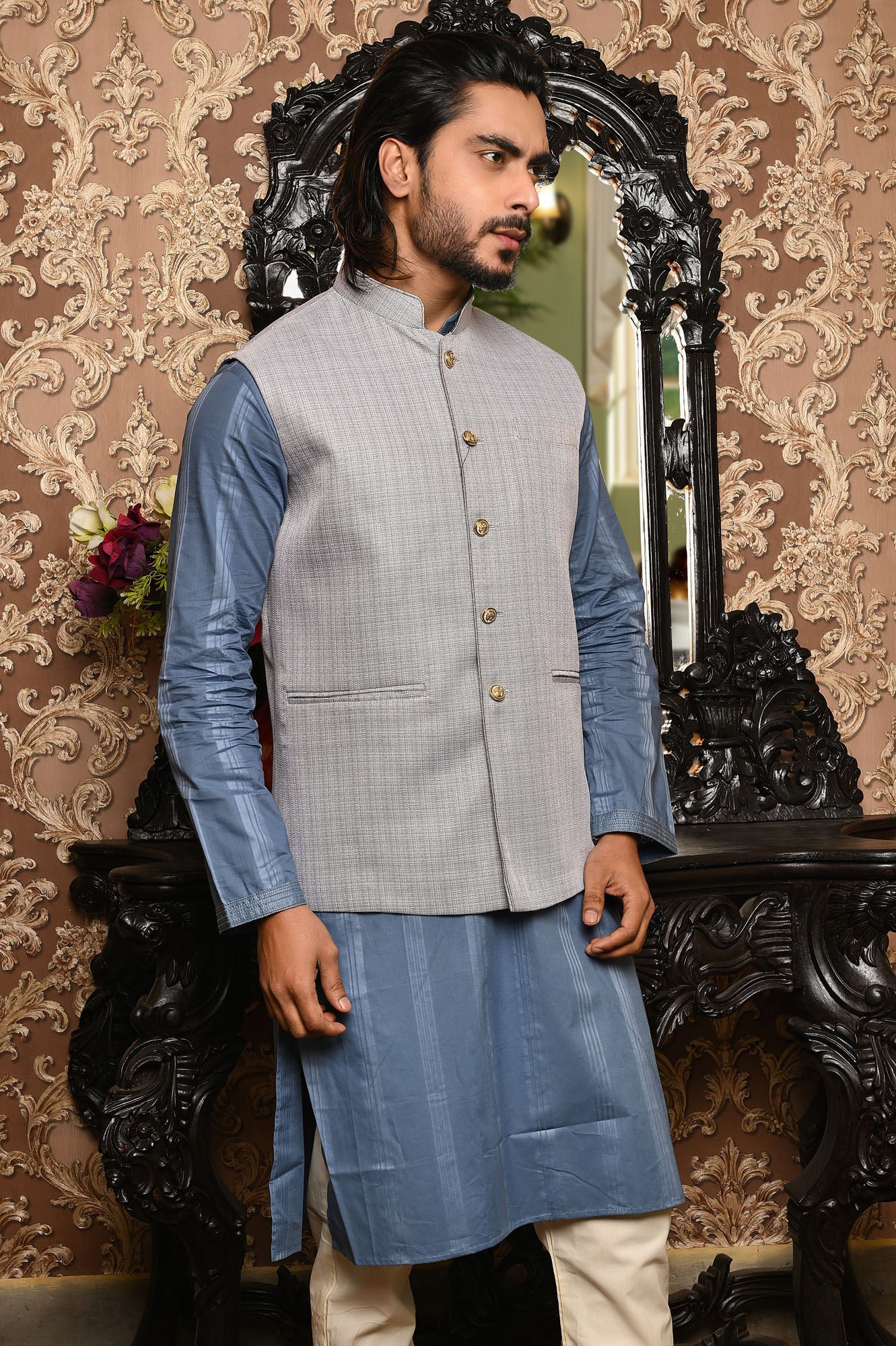 HAMSAFAR Men’s Light Grey Jute Look Nehru Jacket