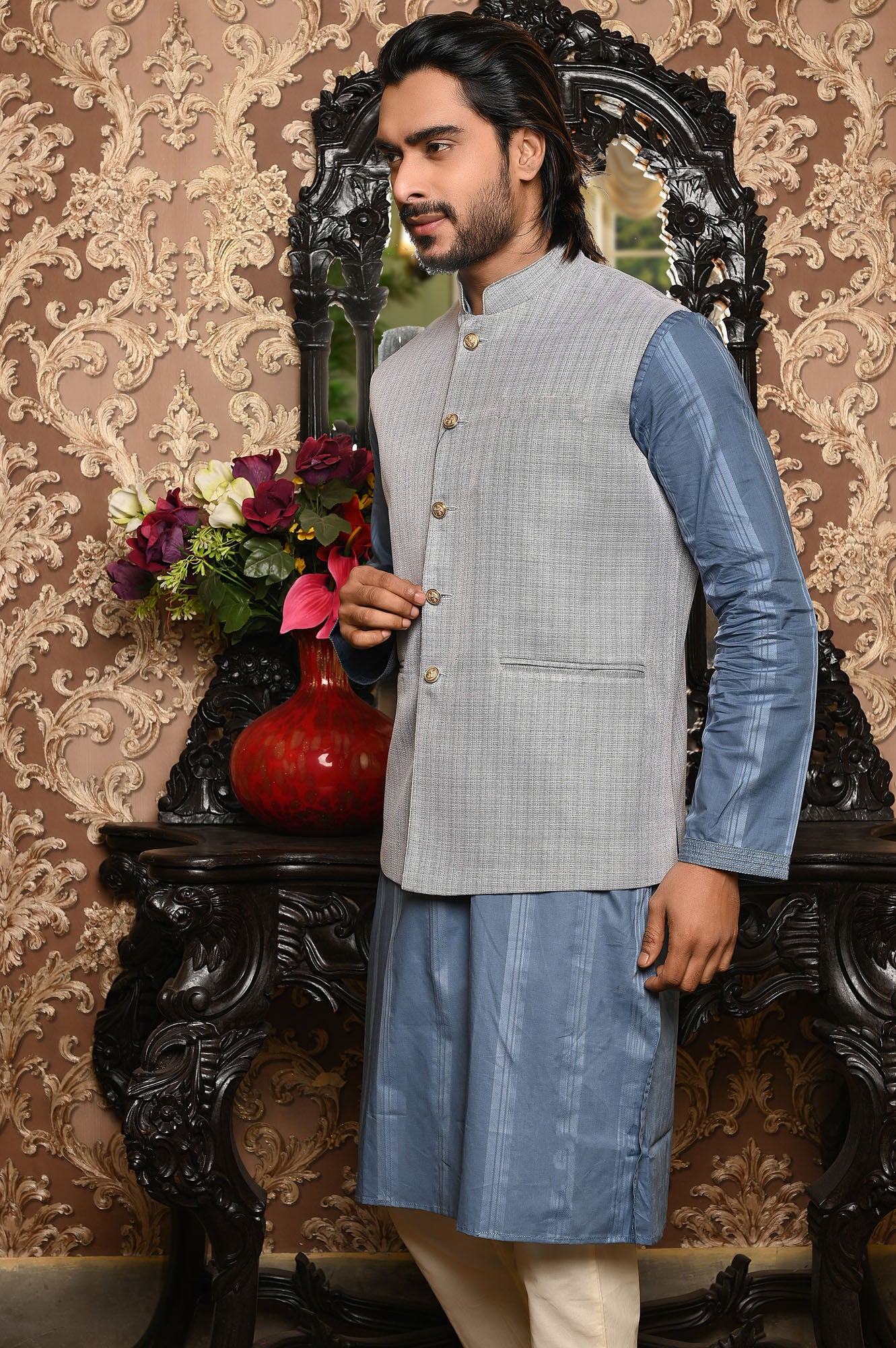 HAMSAFAR Men’s Light Grey Jute Look Nehru Jacket