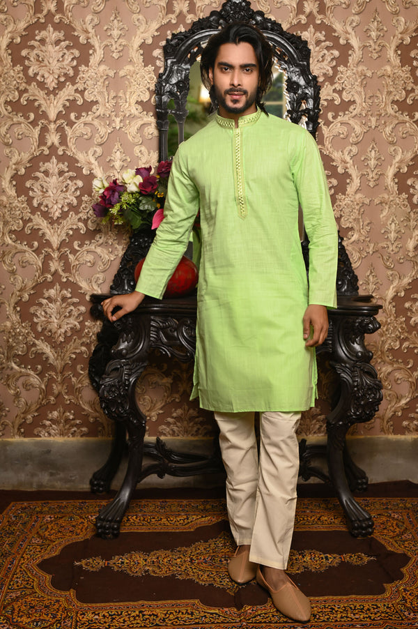 HAMSAFAR Men’s Light Green Linen Cotton Kurta