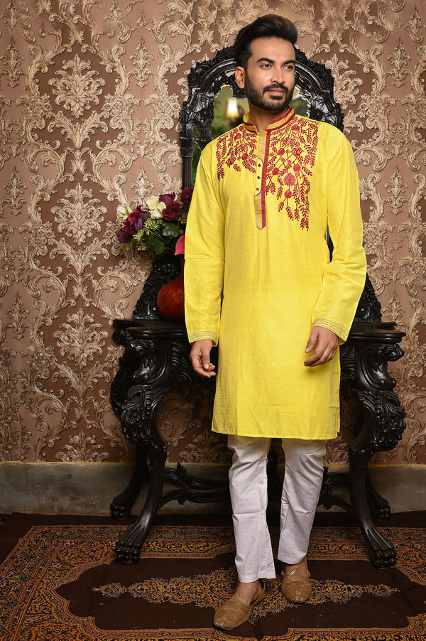 HAMSAFAR Men’s Lemon Yellow Cotton Festive Wear Kurta