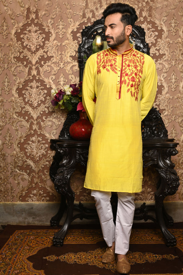 HAMSAFAR Men’s Lemon Yellow Cotton Festive Wear Kurta