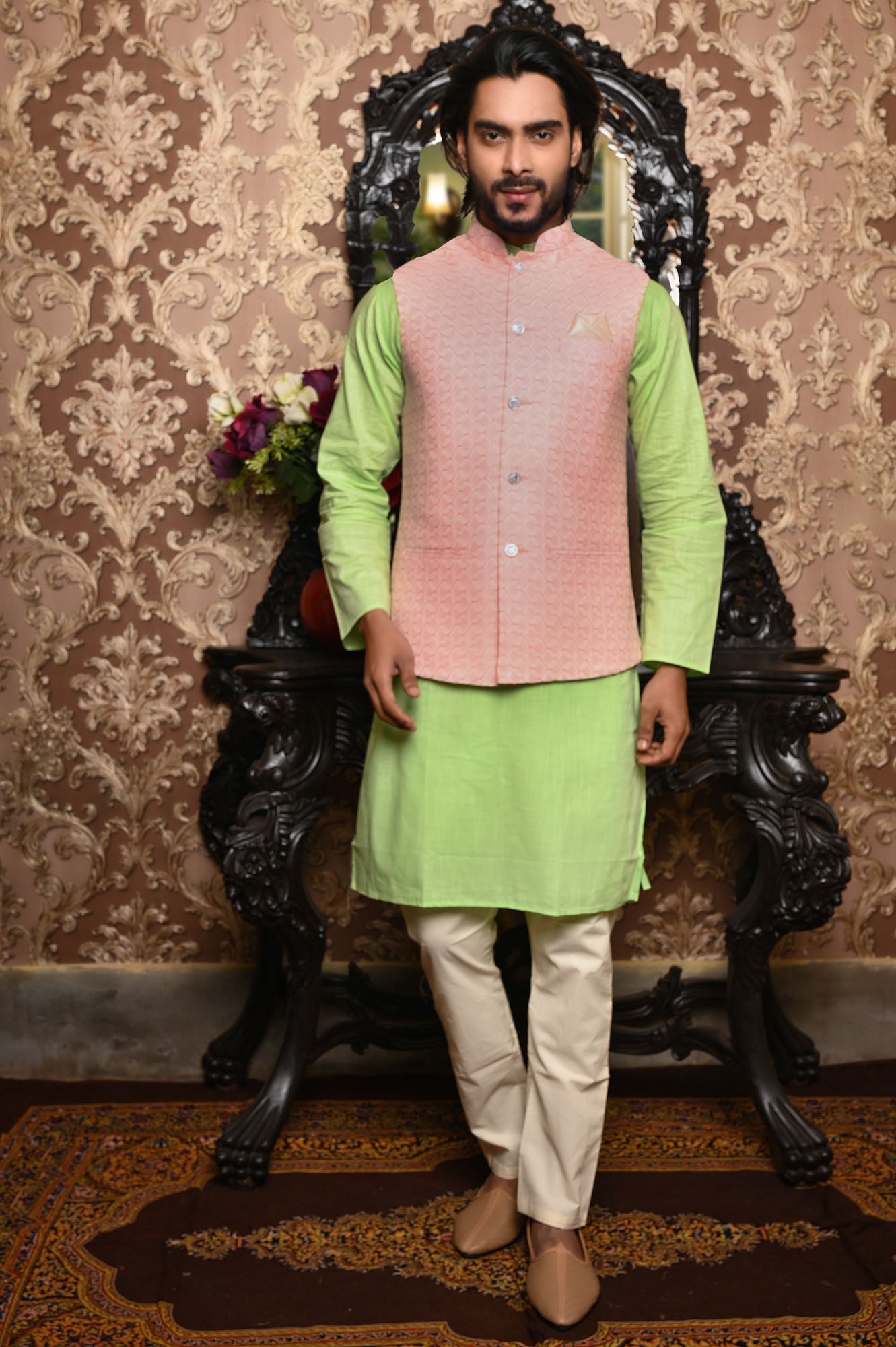 HAMSAFAR Men’s Light Pink Premium Poly Viscose Nehru Jacket