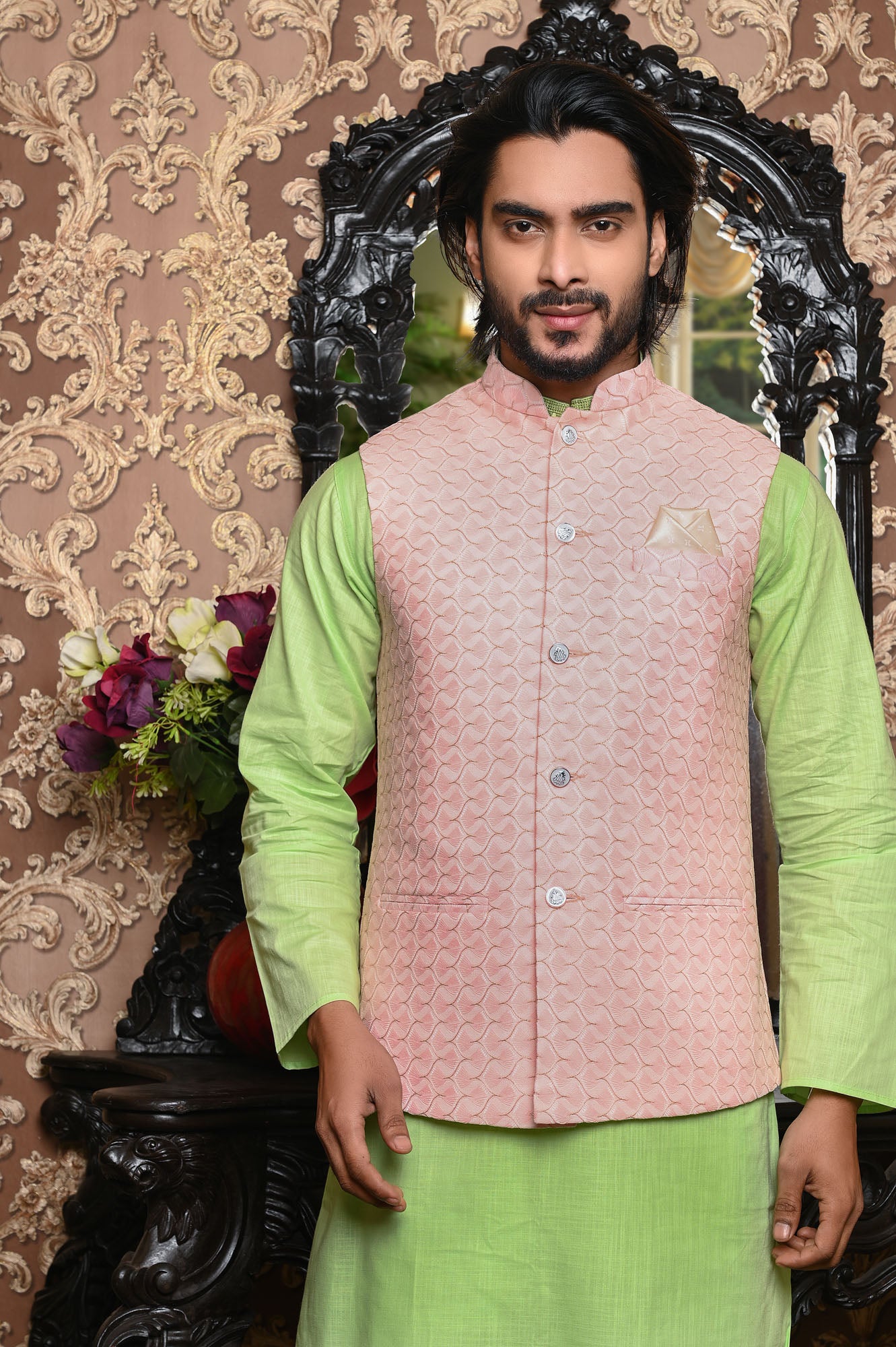 HAMSAFAR Men’s Light Pink Premium Poly Viscose Nehru Jacket