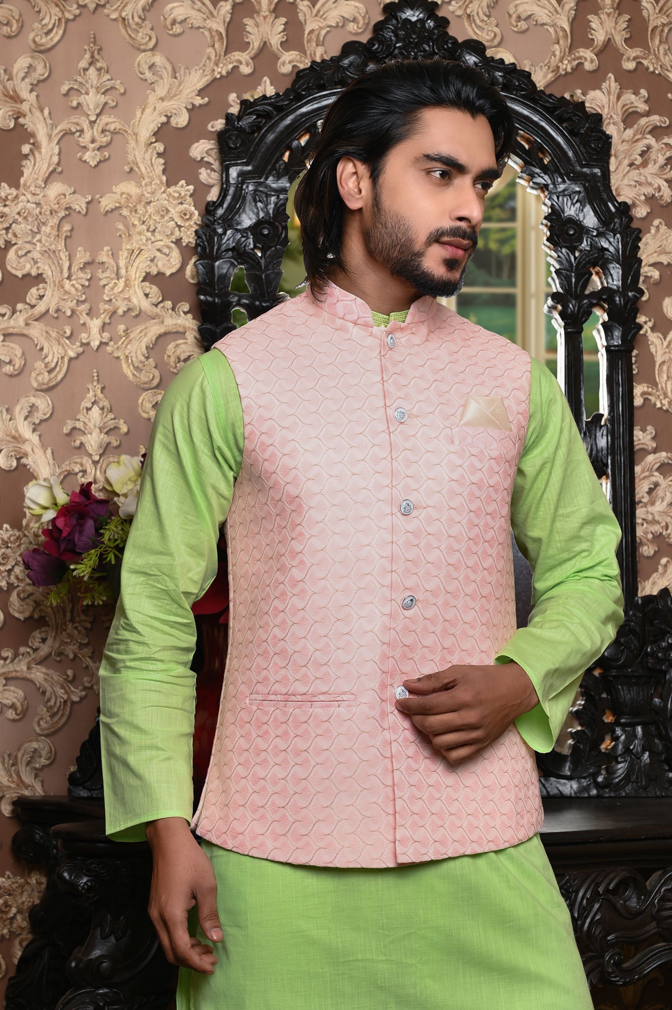 HAMSAFAR Men’s Light Pink Premium Poly Viscose Nehru Jacket
