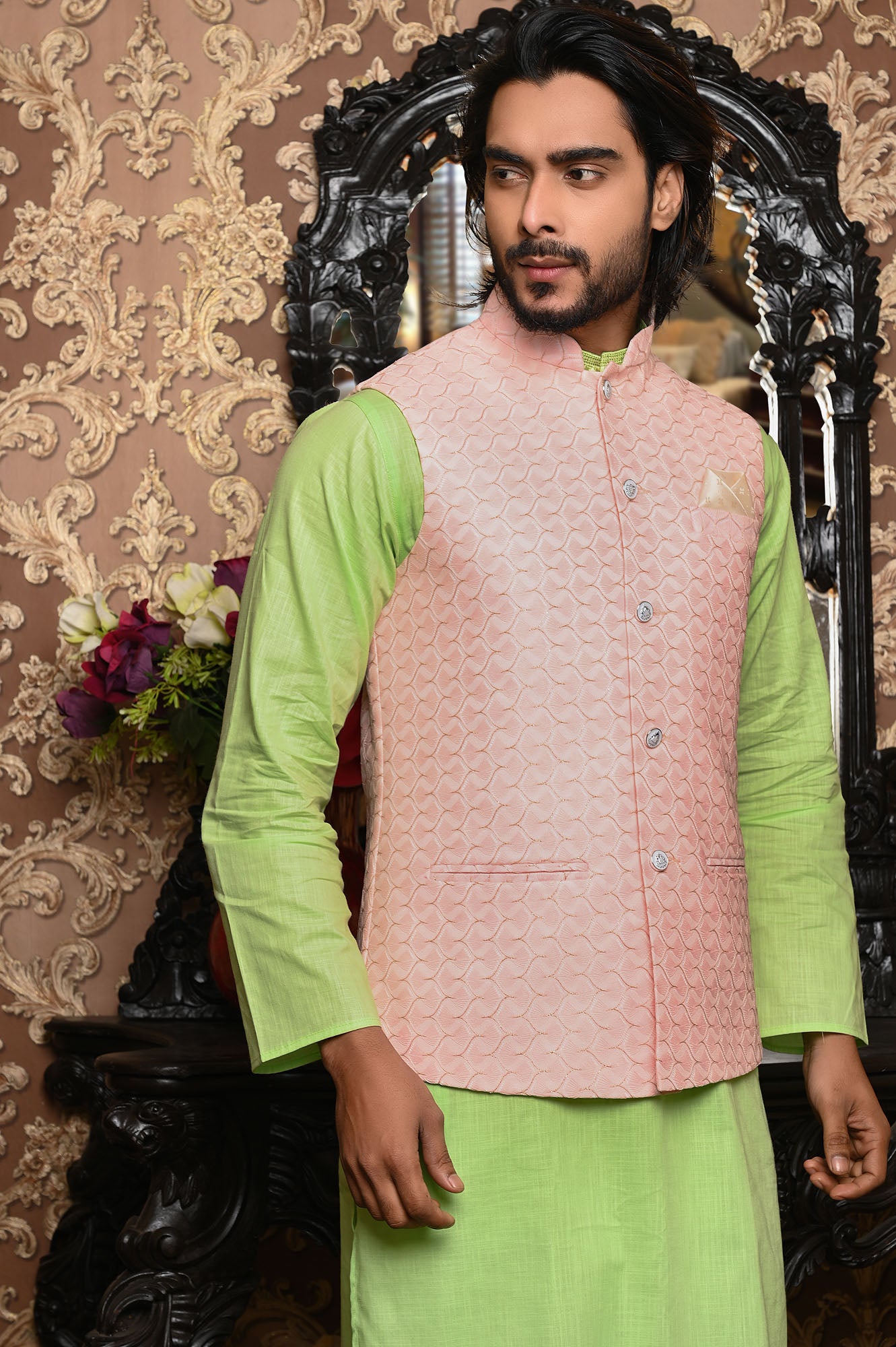HAMSAFAR Men’s Light Pink Premium Poly Viscose Nehru Jacket