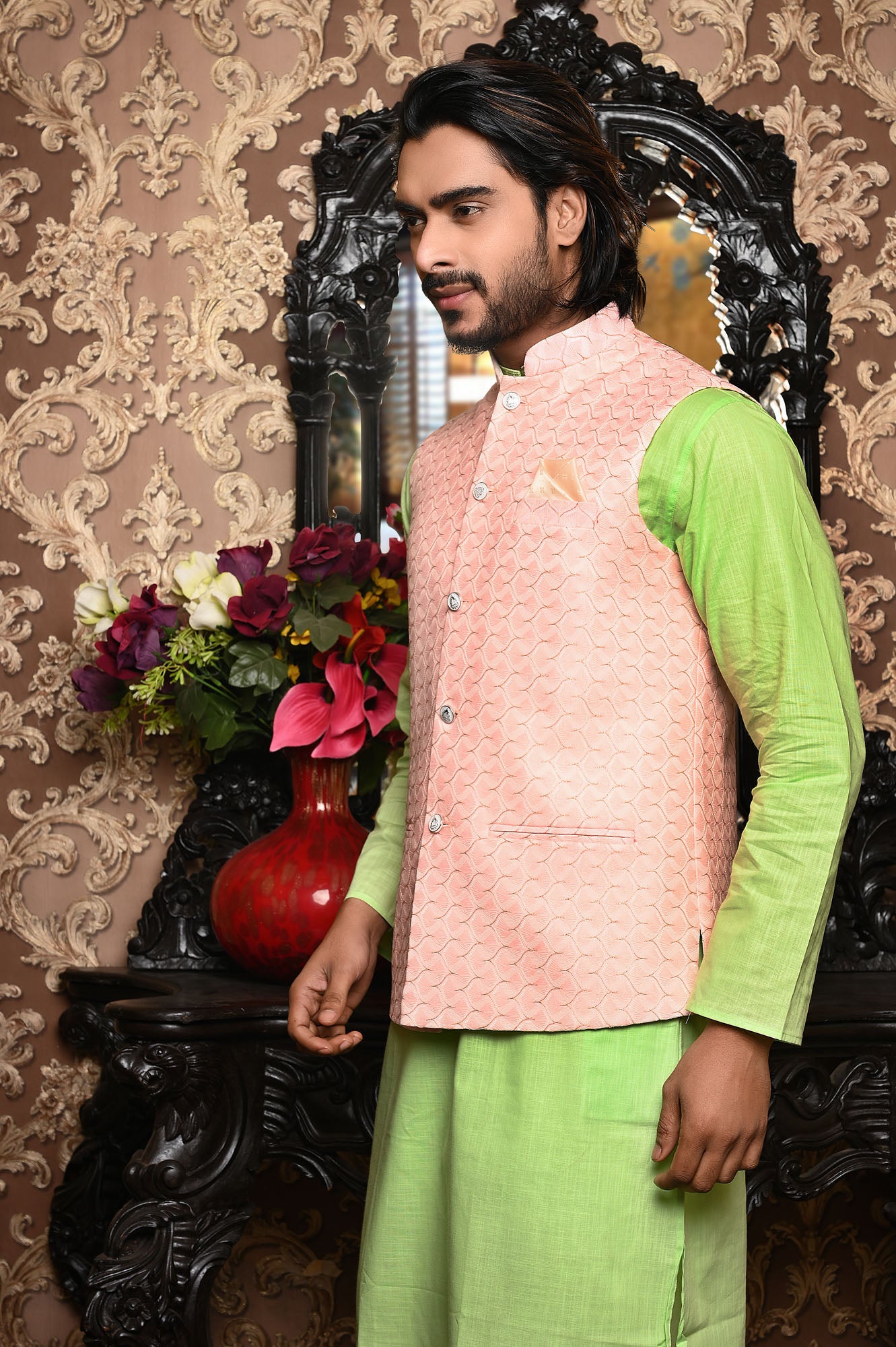 HAMSAFAR Men’s Light Pink Premium Poly Viscose Nehru Jacket