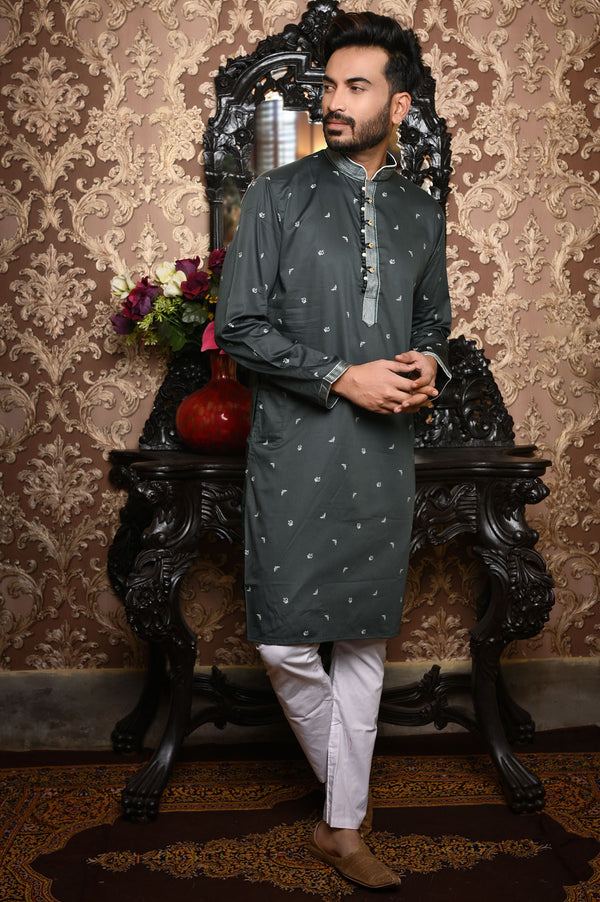 HAMSAFAR Men’s Steel Grey Cotton Premium Kurta