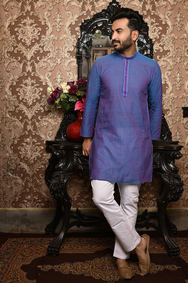 HAMSAFAR Men’s Purple Blue Cotton Casual Kurta