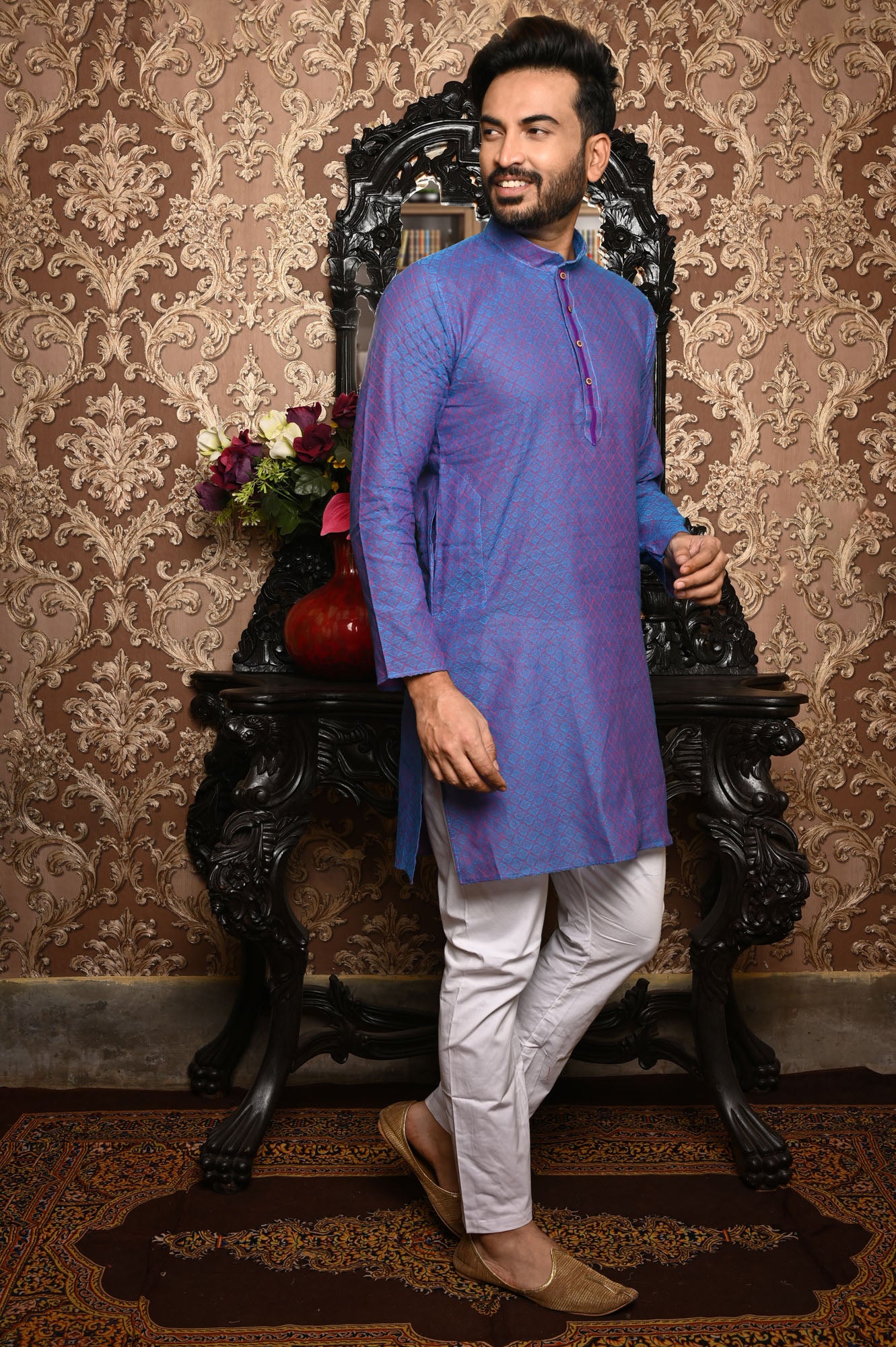 HAMSAFAR Men’s Purple Blue Cotton Casual Kurta