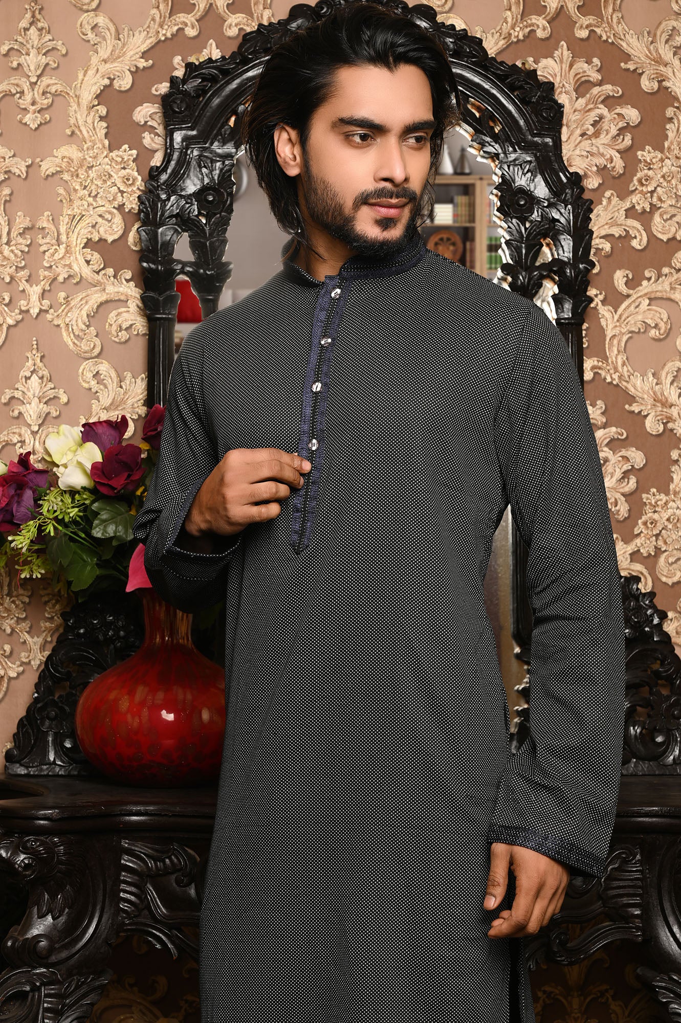 HAMSAFAR Men’s Shadow Grey Cotton Premium Kurta