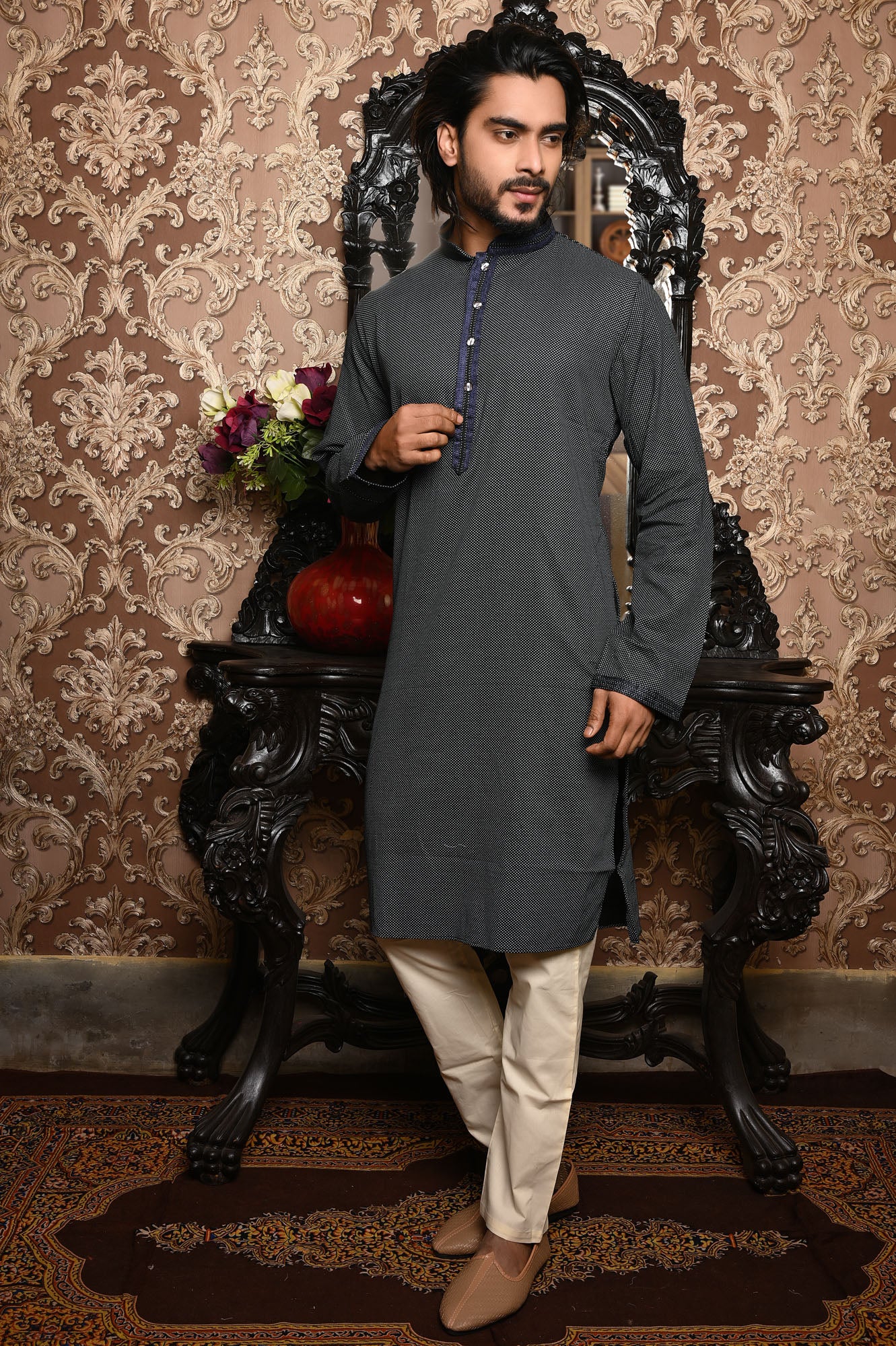 HAMSAFAR Men’s Shadow Grey Cotton Premium Kurta