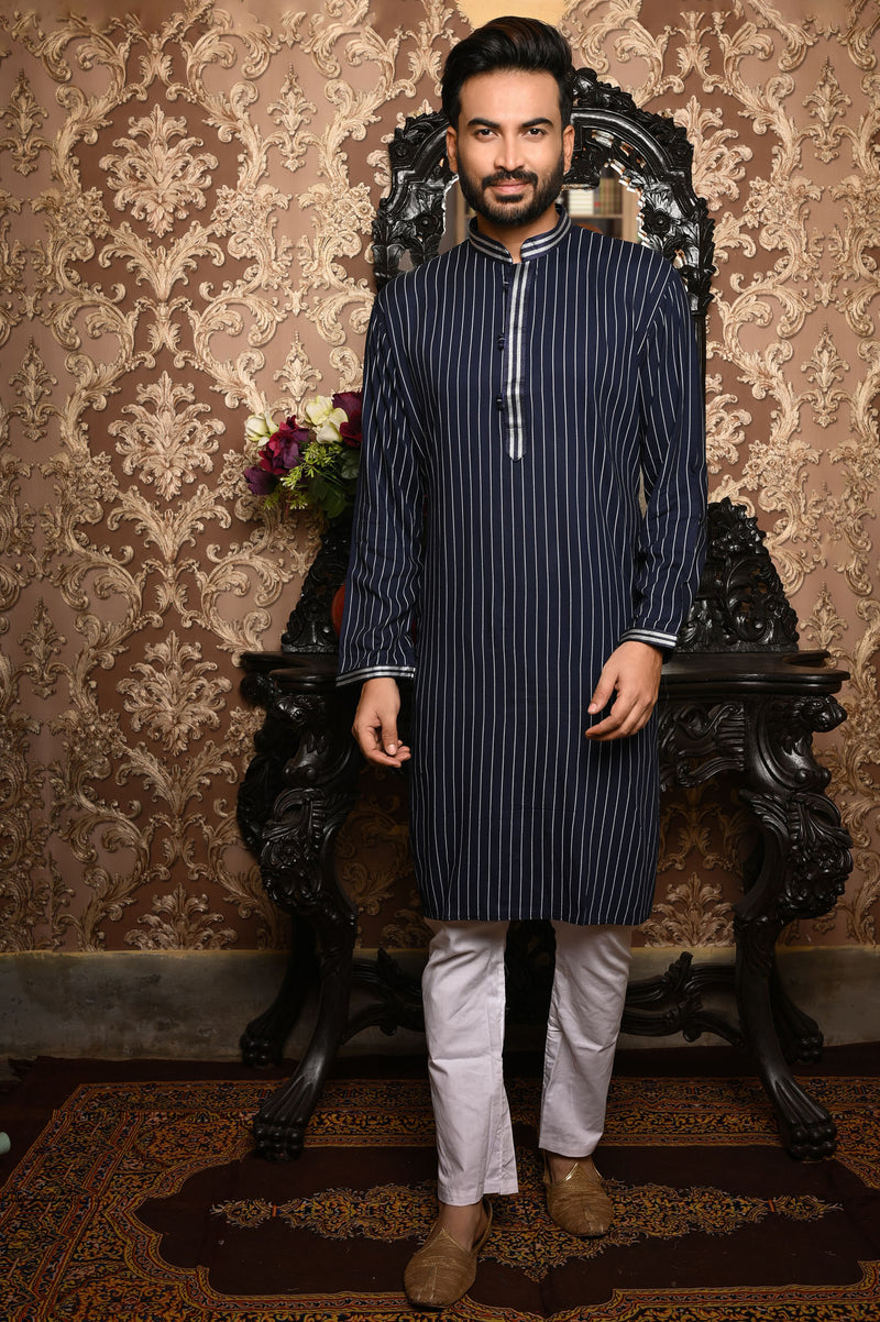 HAMSAFAR Men’s Navy Blue Cotton Premium Kurta