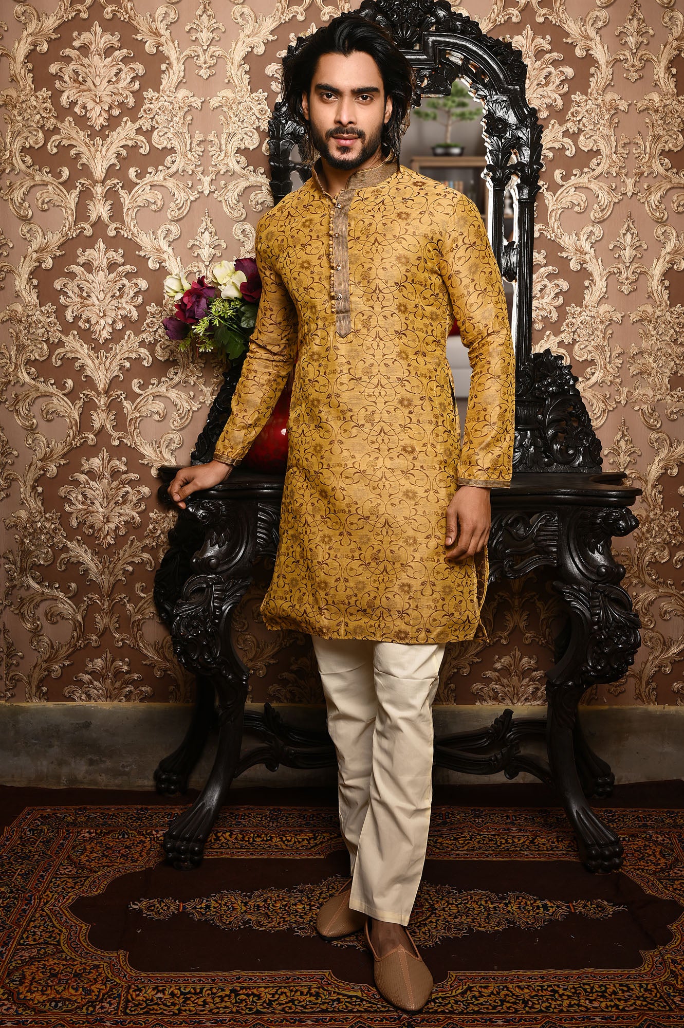 HAMSAFAR Men’s Light Brown Poly Dupion Premium Kurta