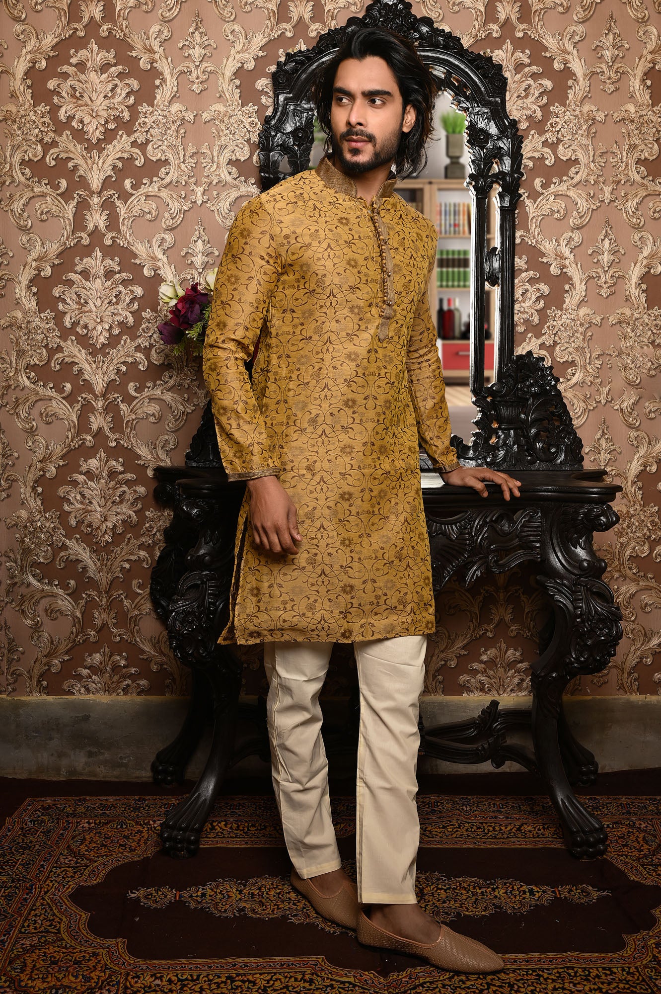 HAMSAFAR Men’s Light Brown Poly Dupion Premium Kurta