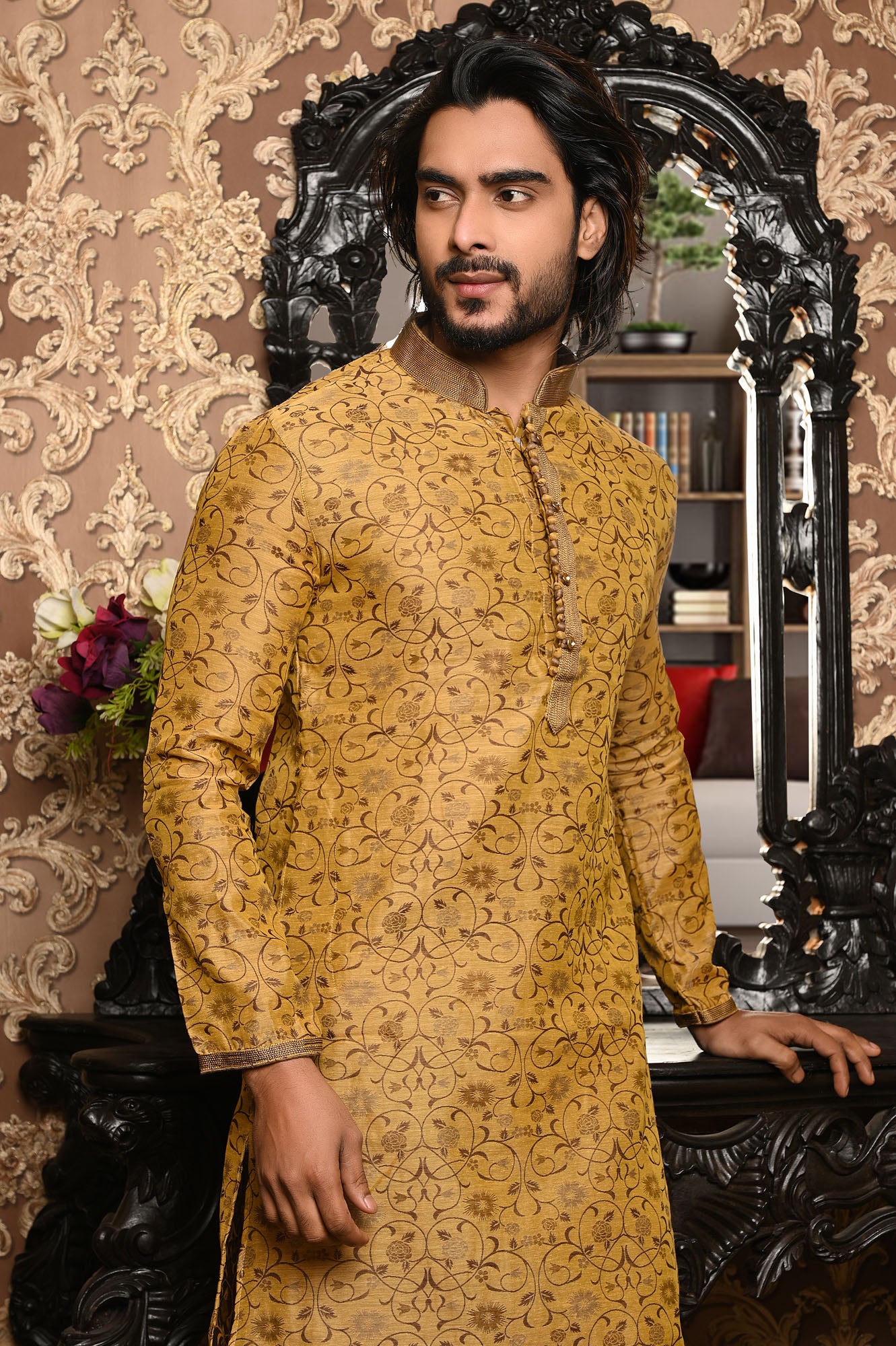 HAMSAFAR Men’s Light Brown Poly Dupion Premium Kurta