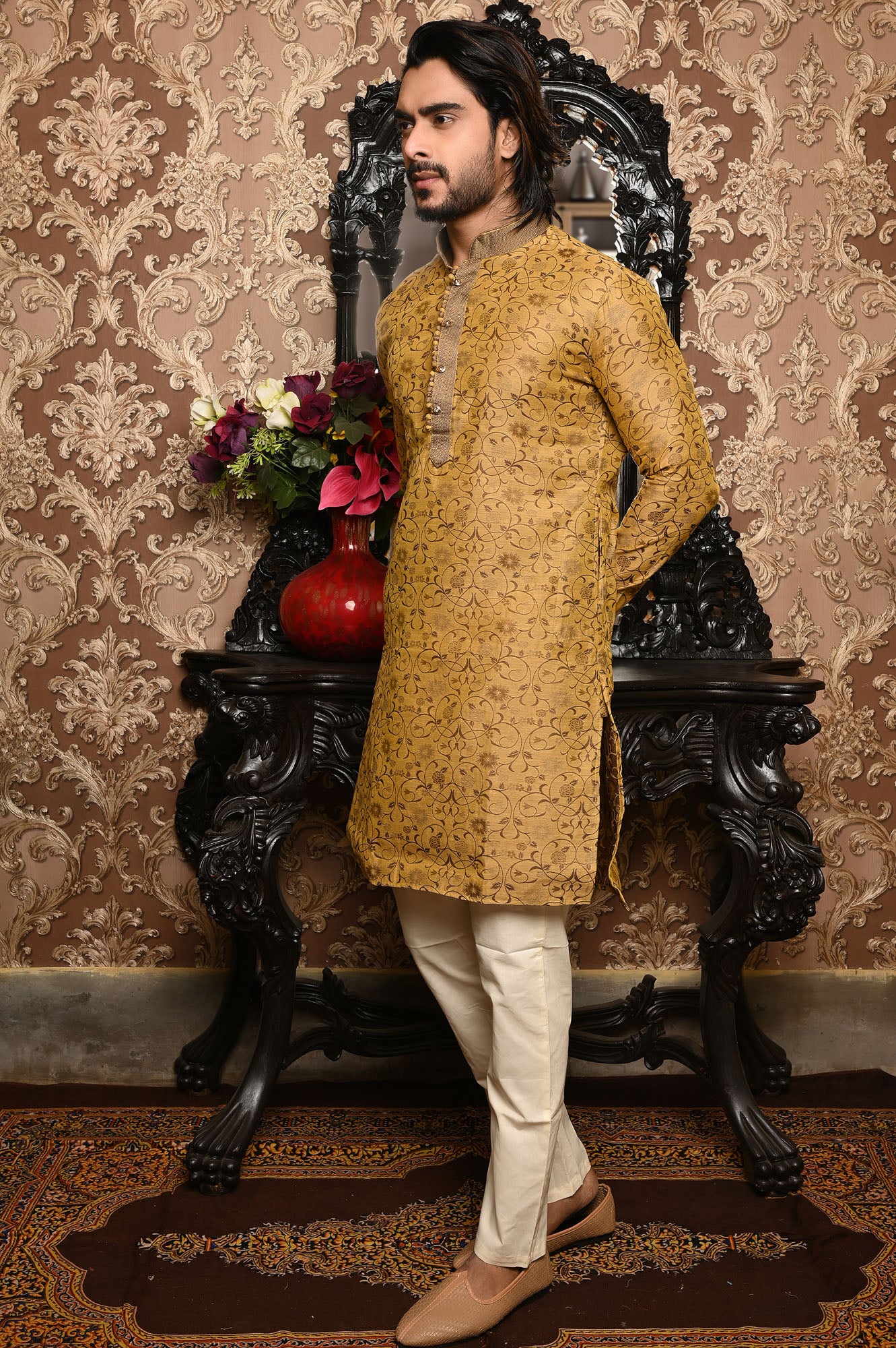 HAMSAFAR Men’s Light Brown Poly Dupion Premium Kurta