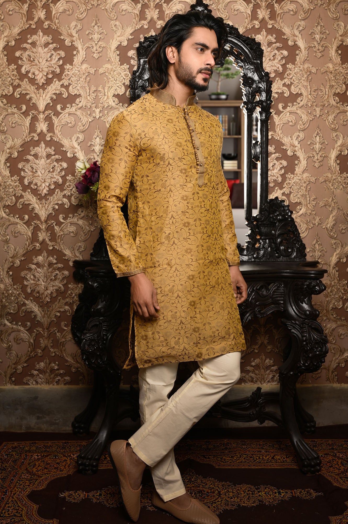 HAMSAFAR Men’s Light Brown Poly Dupion Premium Kurta