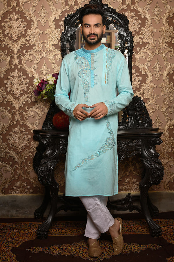 HAMSAFAR Men’s Sky Blue Cotton Festive Wear Kurta