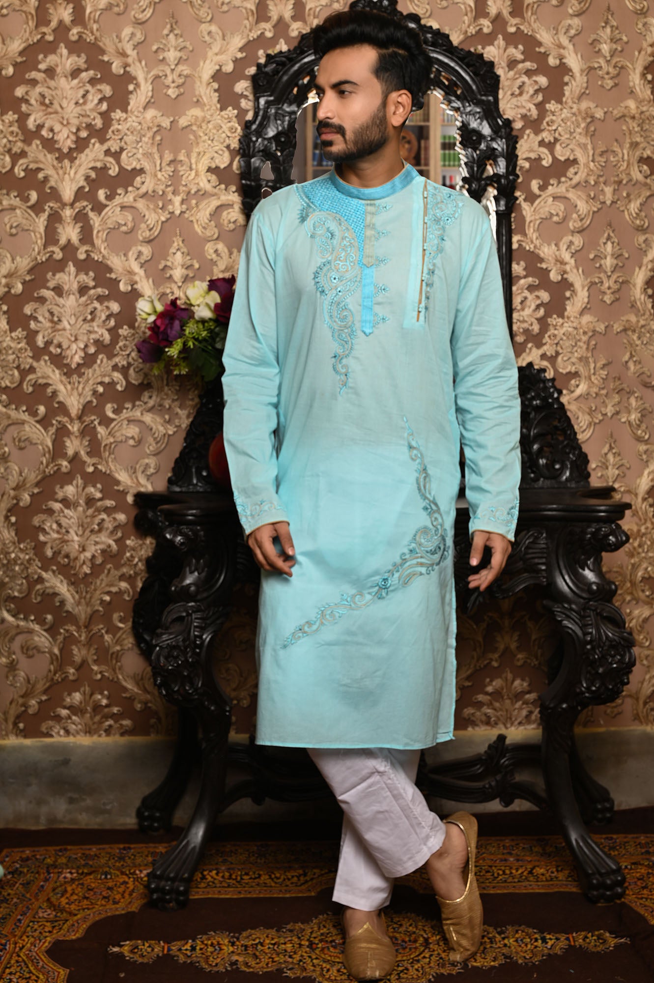 HAMSAFAR Men’s Sky Blue Cotton Festive Wear Kurta