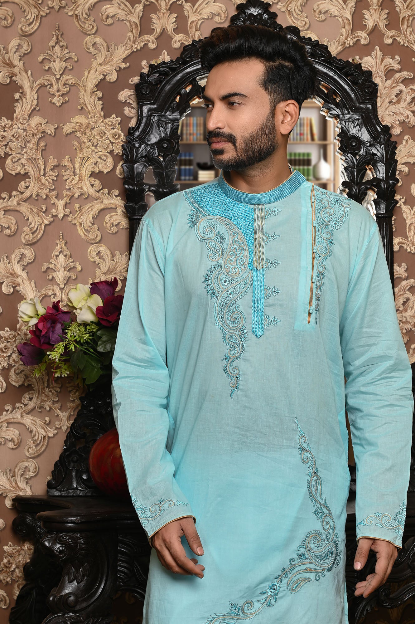 HAMSAFAR Men’s Sky Blue Cotton Festive Wear Kurta
